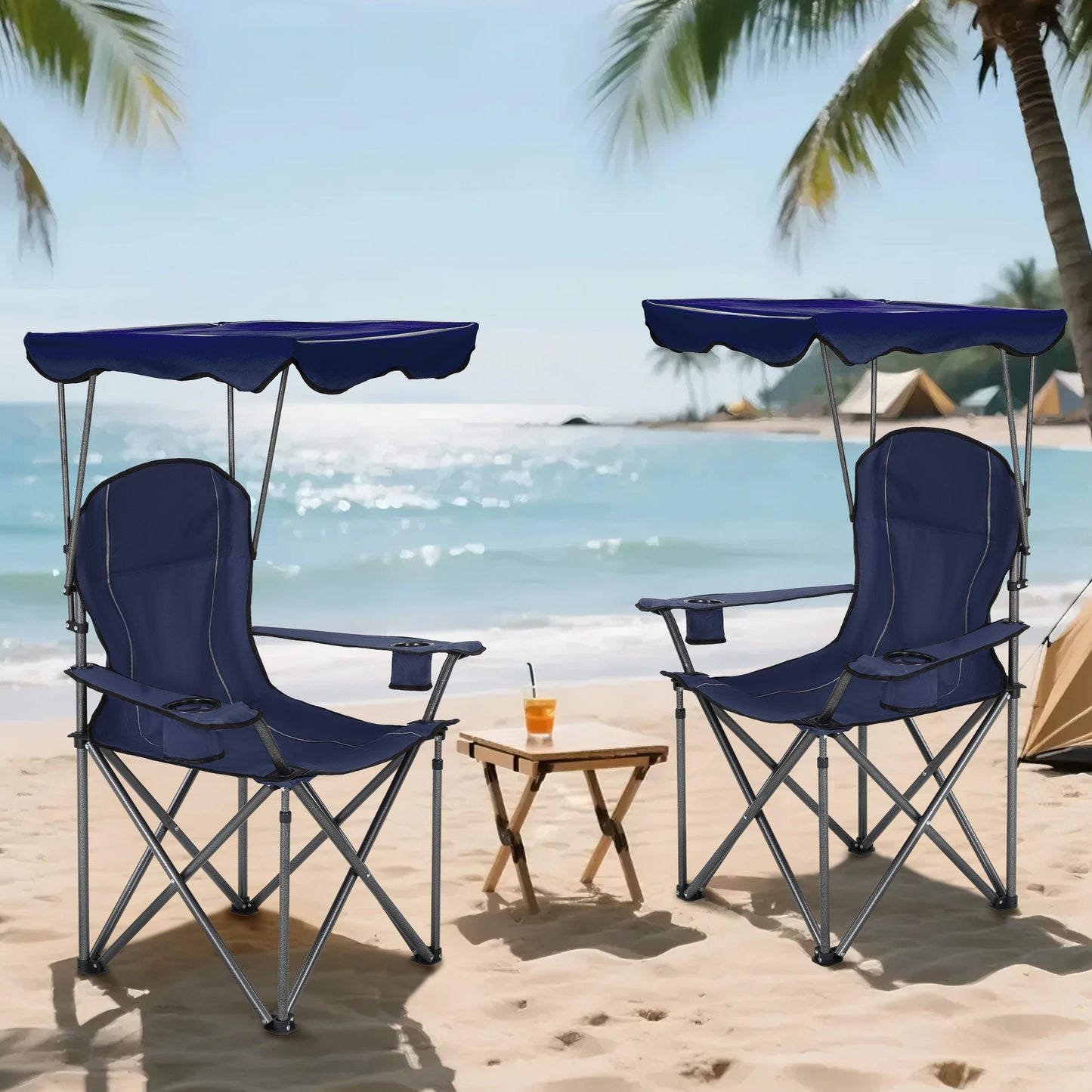 Captiva Designs Heavy Duty Canopy Chair, 350 lb Folding Outdoor Chair with Sunshade & Cup Holders