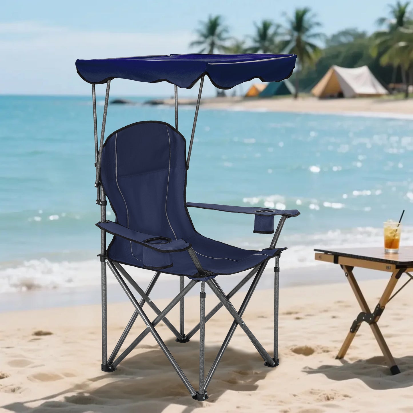 Captiva Designs Heavy Duty Canopy Chair, 350 lb Folding Outdoor Chair with Sunshade & Cup Holders