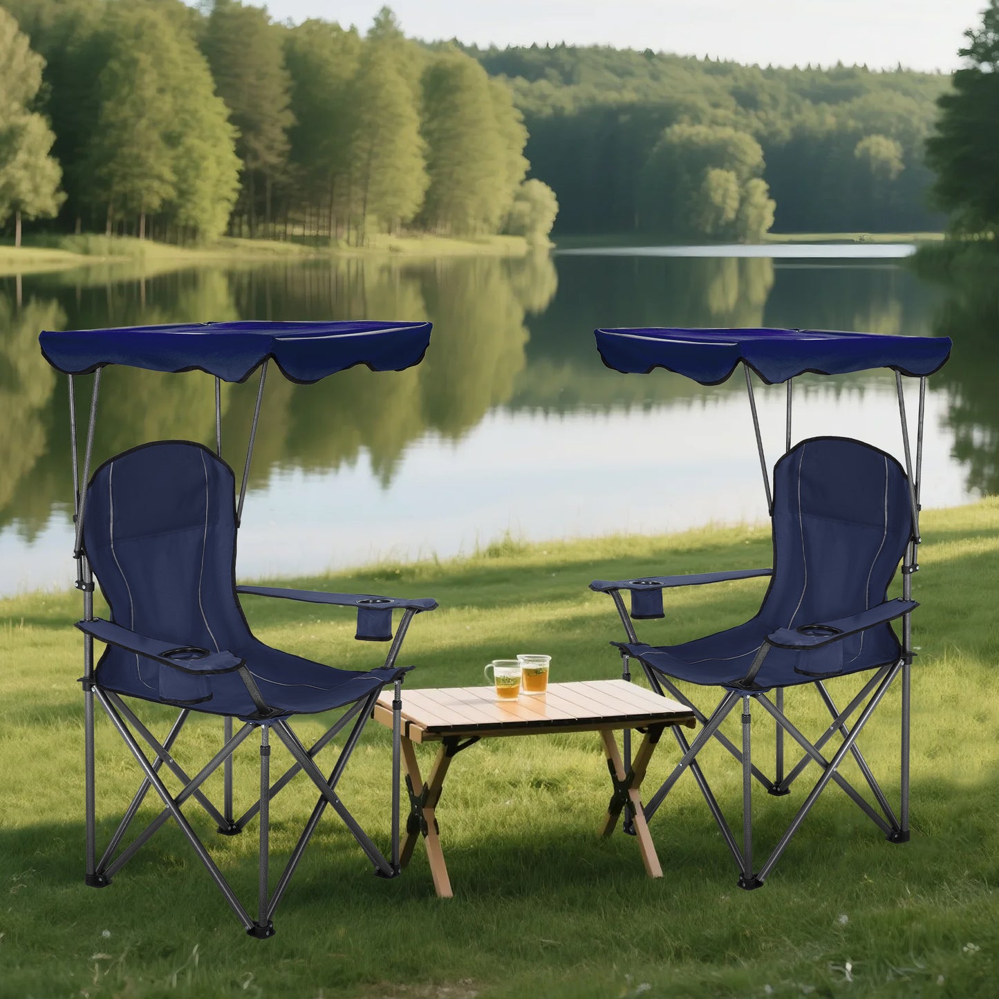 Captiva Designs Heavy Duty Canopy Chair, 350 lb Folding Outdoor Chair with Sunshade & Cup Holders