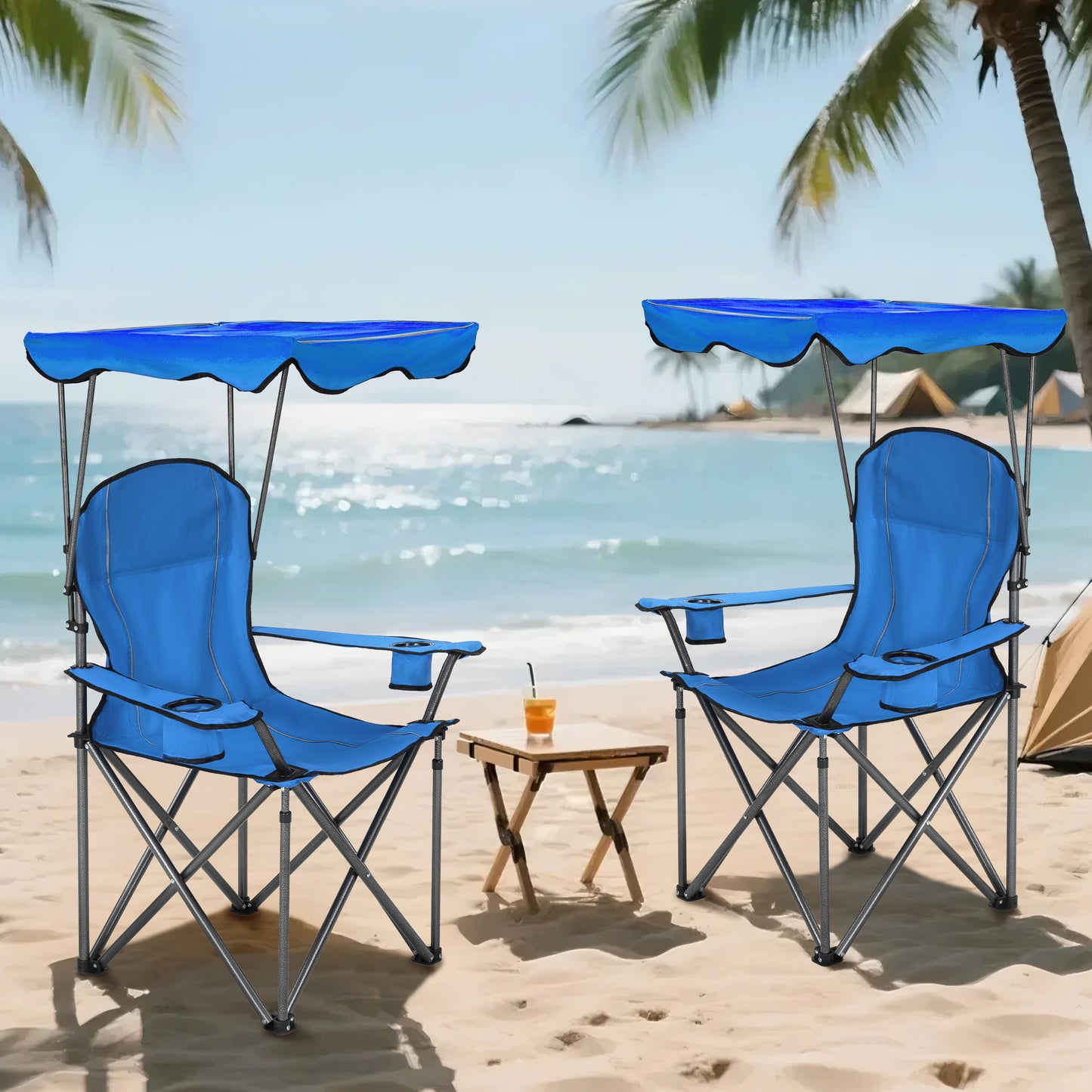 Captiva Designs Heavy Duty Canopy Chair, 350 lb Folding Outdoor Chair with Sunshade & Cup Holders