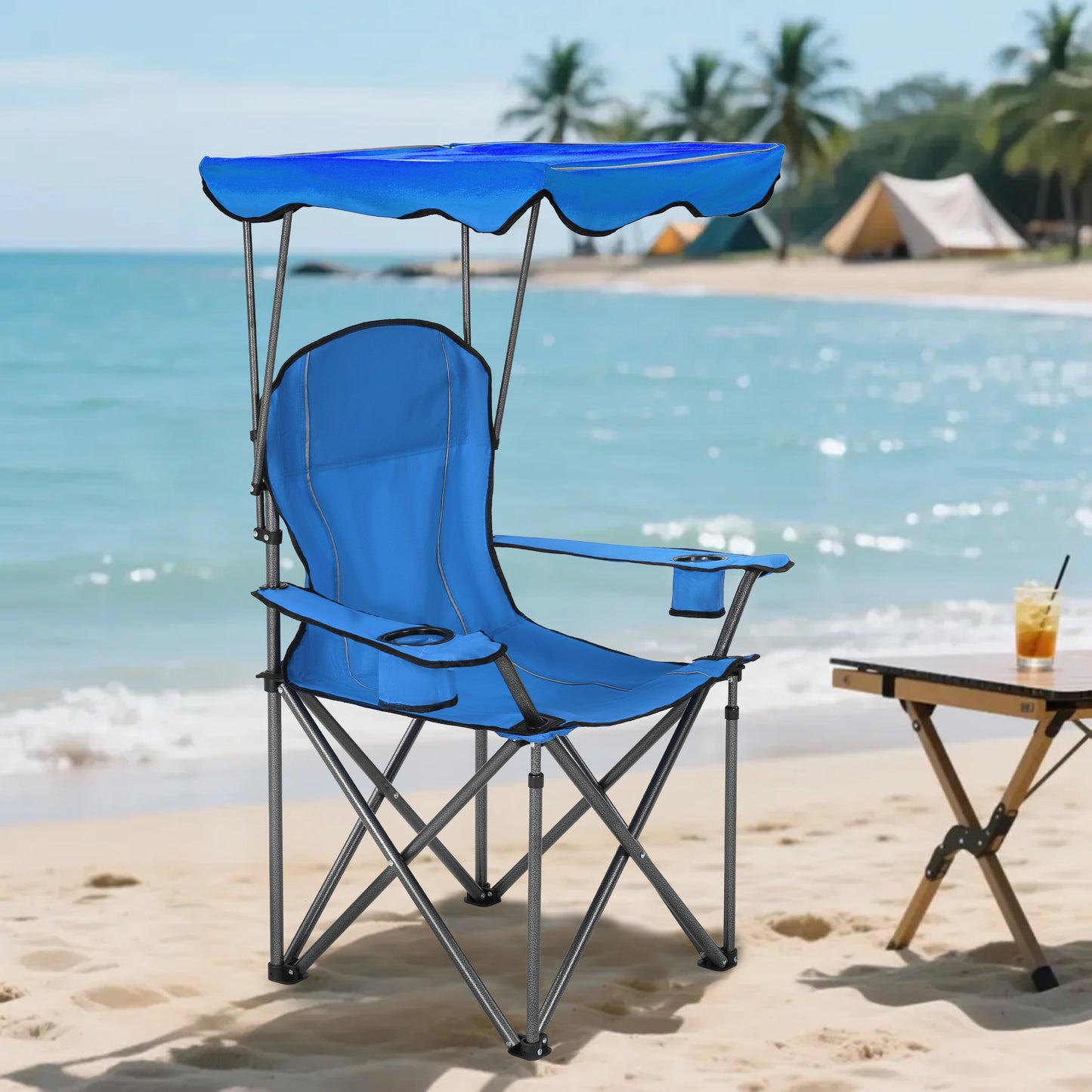 Captiva Designs Heavy Duty Canopy Chair, 350 lb Folding Outdoor Chair with Sunshade & Cup Holders