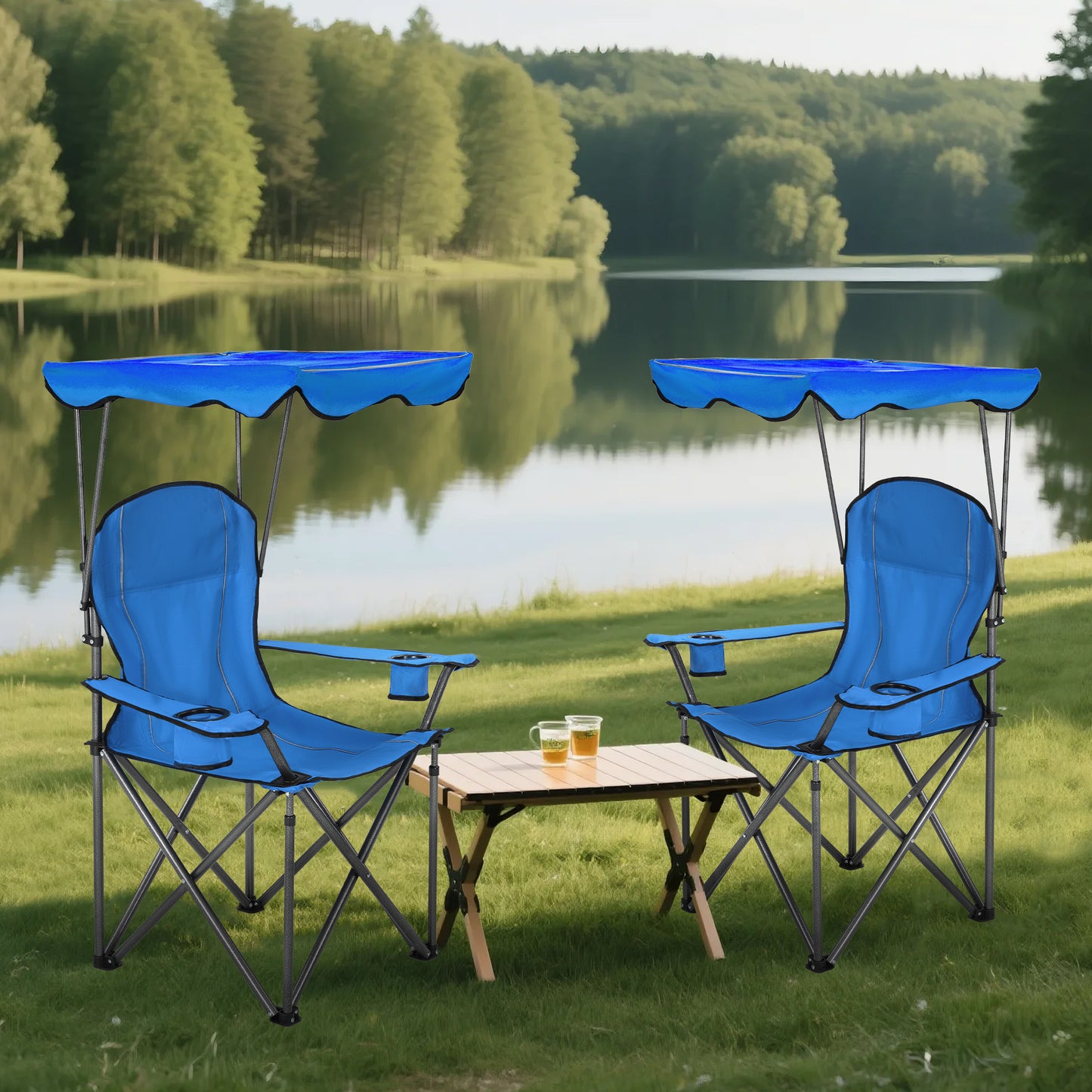 Captiva Designs Heavy Duty Canopy Chair, 350 lb Folding Outdoor Chair with Sunshade & Cup Holders