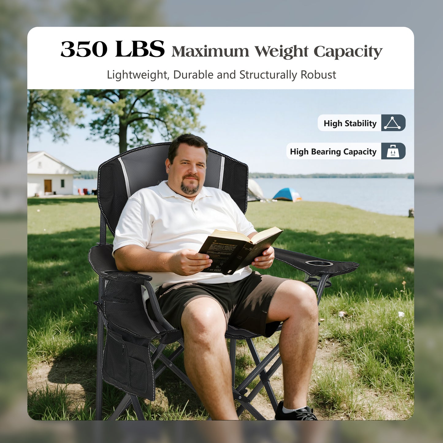 Captiva Designs Oversized Folding Camping Chair, Heavy-Duty Steel Frame, 350 lb Capacity, Portable with Cup Holders