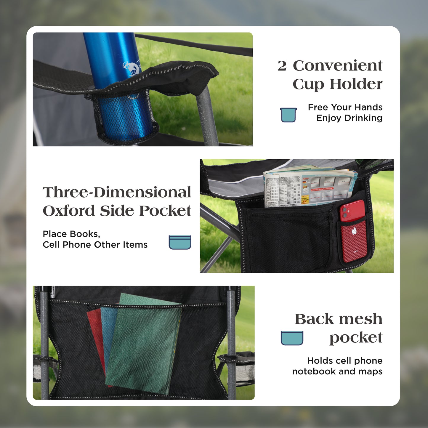 Captiva Designs Oversized Folding Camping Chair, Heavy-Duty Steel Frame, 350 lb Capacity, Portable with Cup Holders