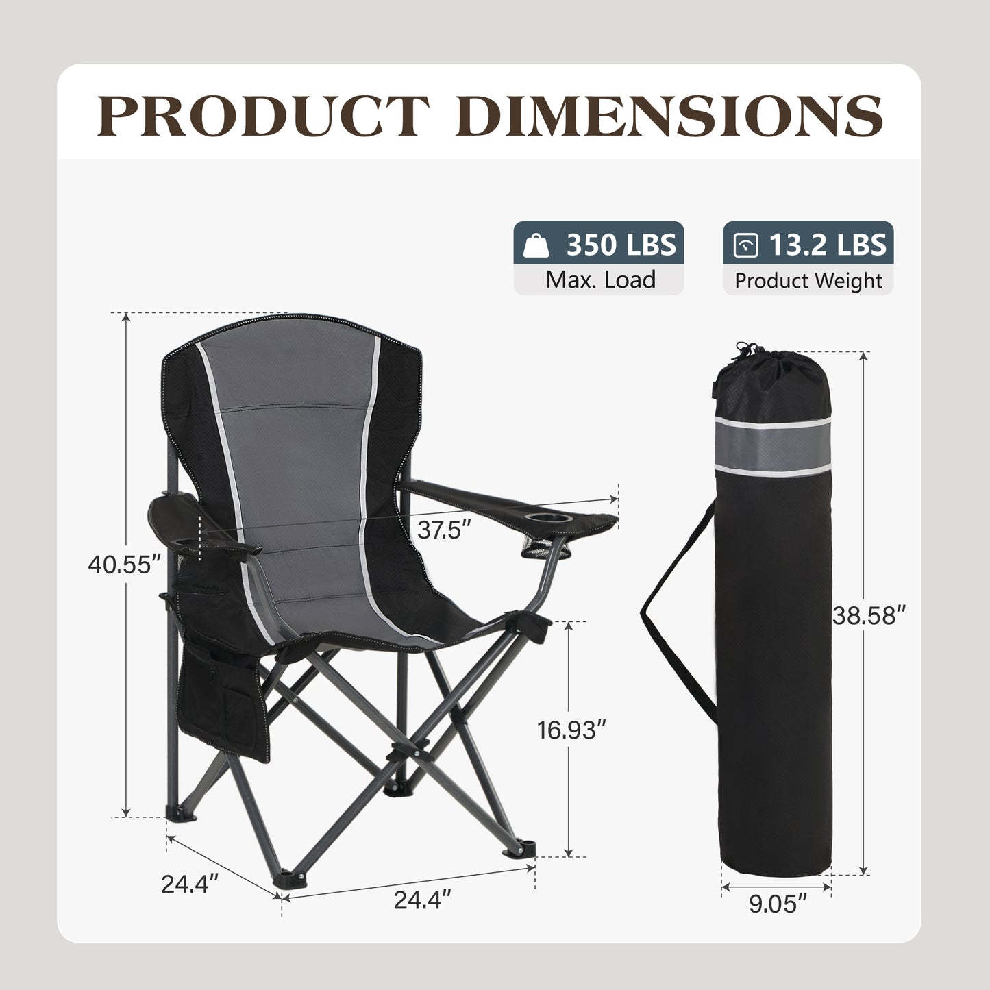 Captiva Designs Oversized Folding Camping Chair, Heavy-Duty Steel Frame, 350 lb Capacity, Portable with Cup Holders