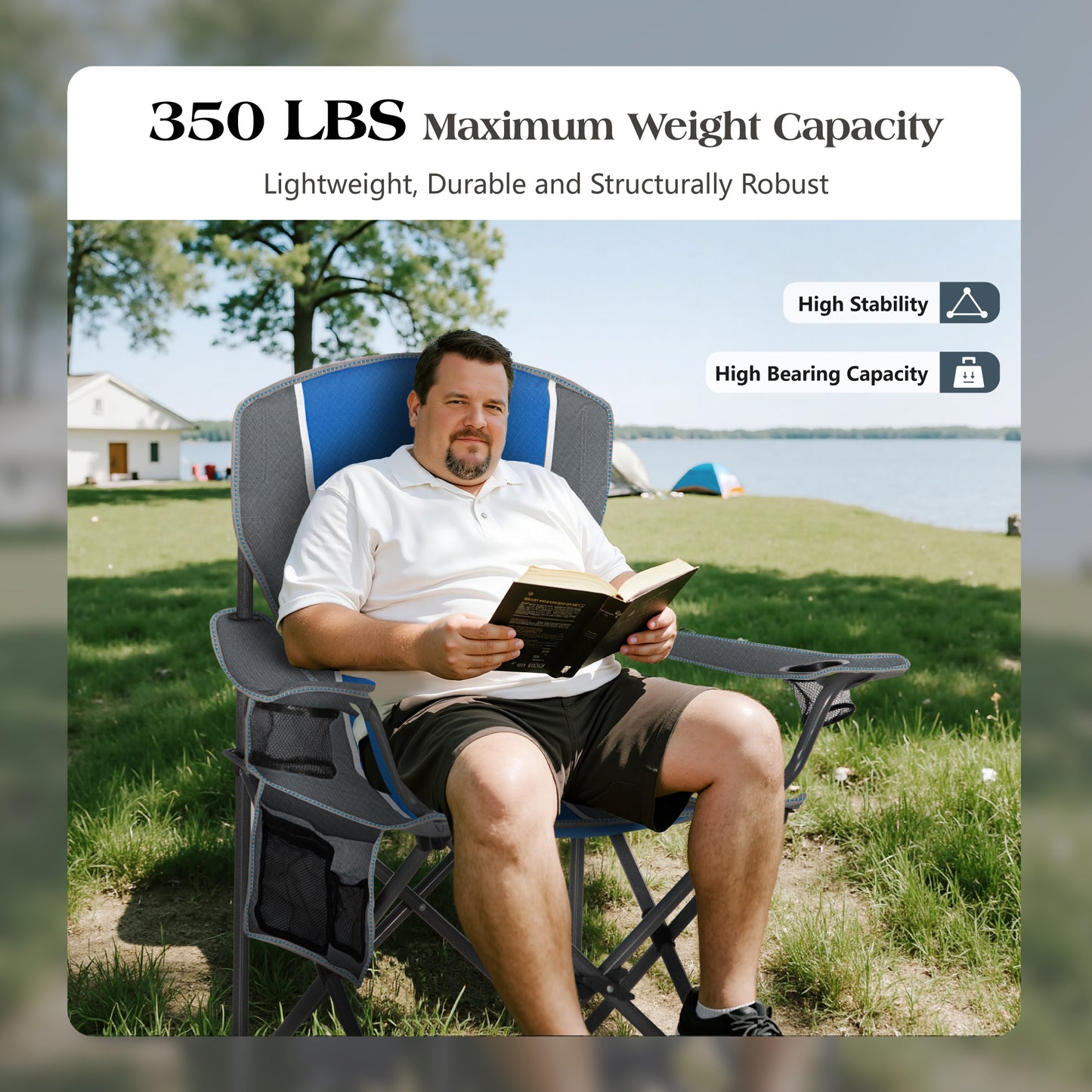 Captiva Designs Oversized Folding Camping Chair, Heavy-Duty Steel Frame, 350 lb Capacity, Portable with Cup Holders
