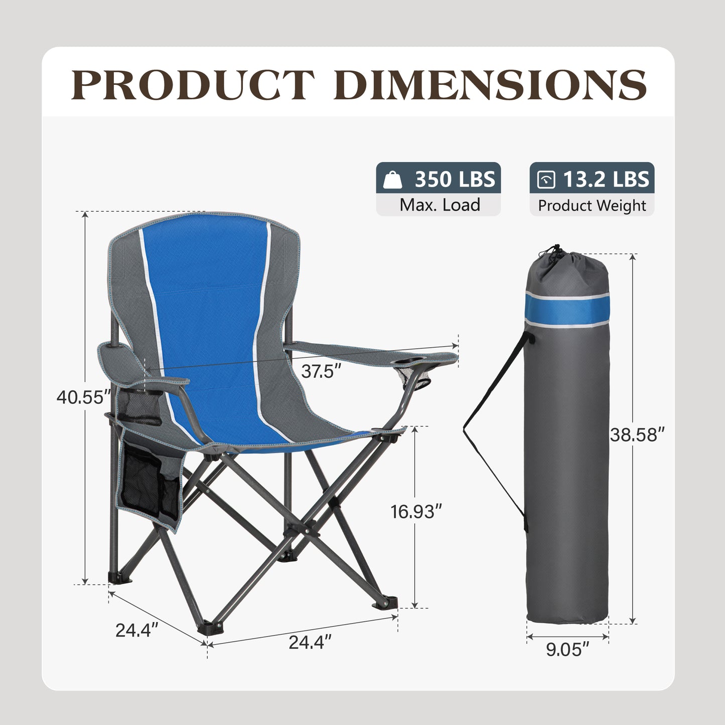 Captiva Designs Oversized Folding Camping Chair, Heavy-Duty Steel Frame, 350 lb Capacity, Portable with Cup Holders