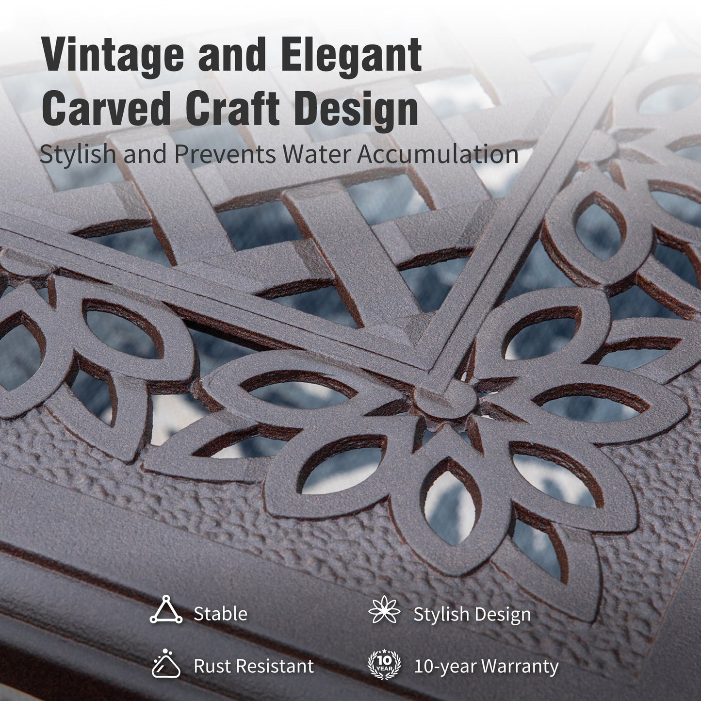 Captiva Designs Outdoor Patio Cast Aluminum Lawn Garden All Weather Engraved Cast-Top Dining Table