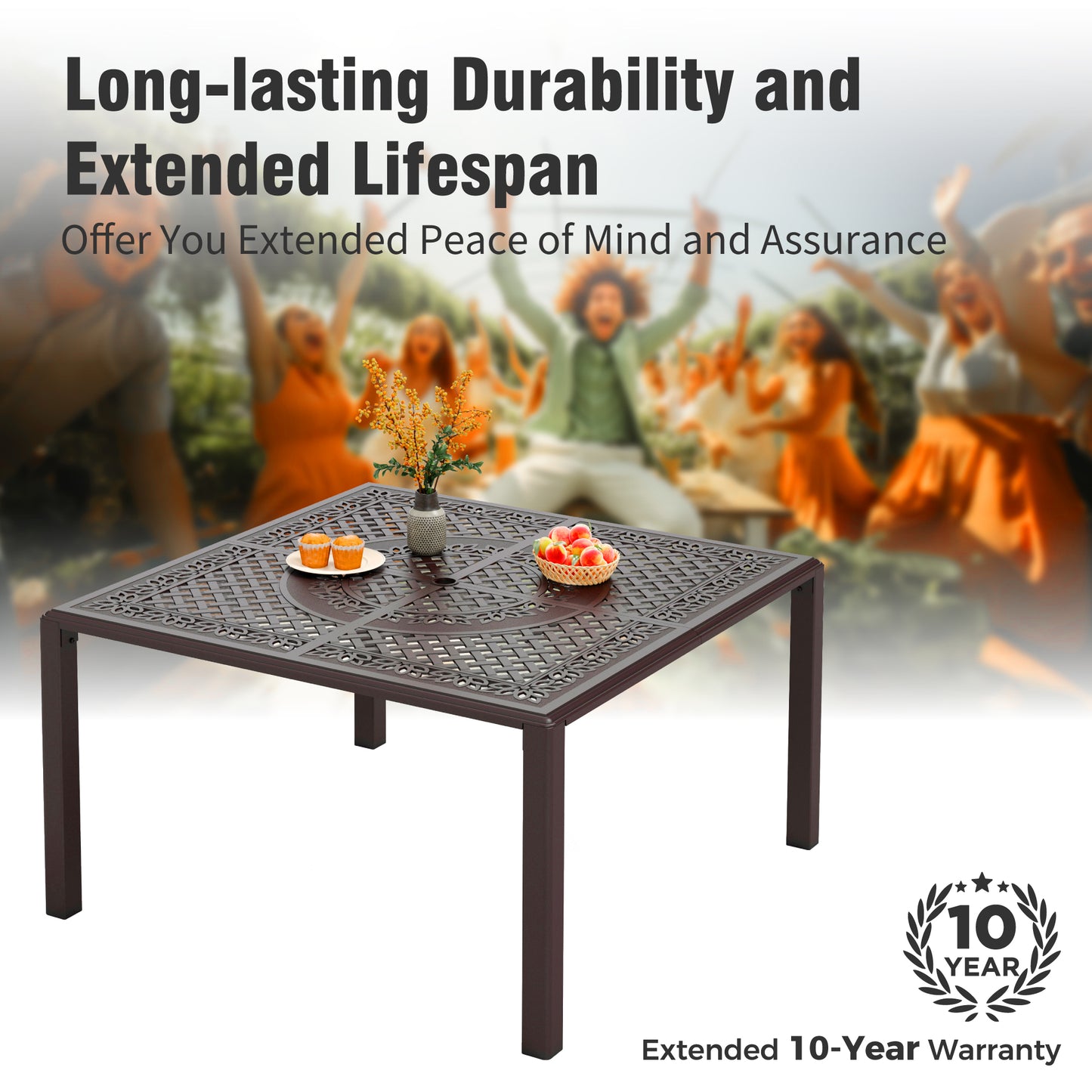 Captiva Designs Outdoor Patio Cast Aluminum Lawn Garden All Weather Engraved Cast-Top Dining Table