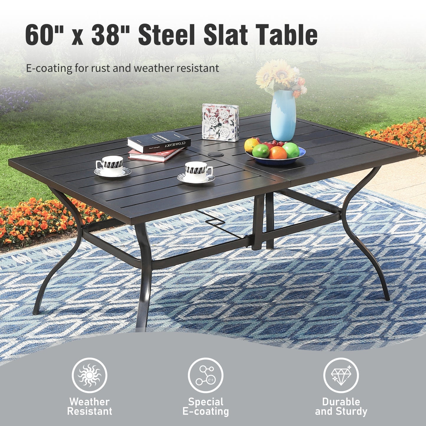 Captiva Designs 8pc Patio Slat-top Dining Steel Table & Metal Chairs with Stripe Back & Market Umbrella