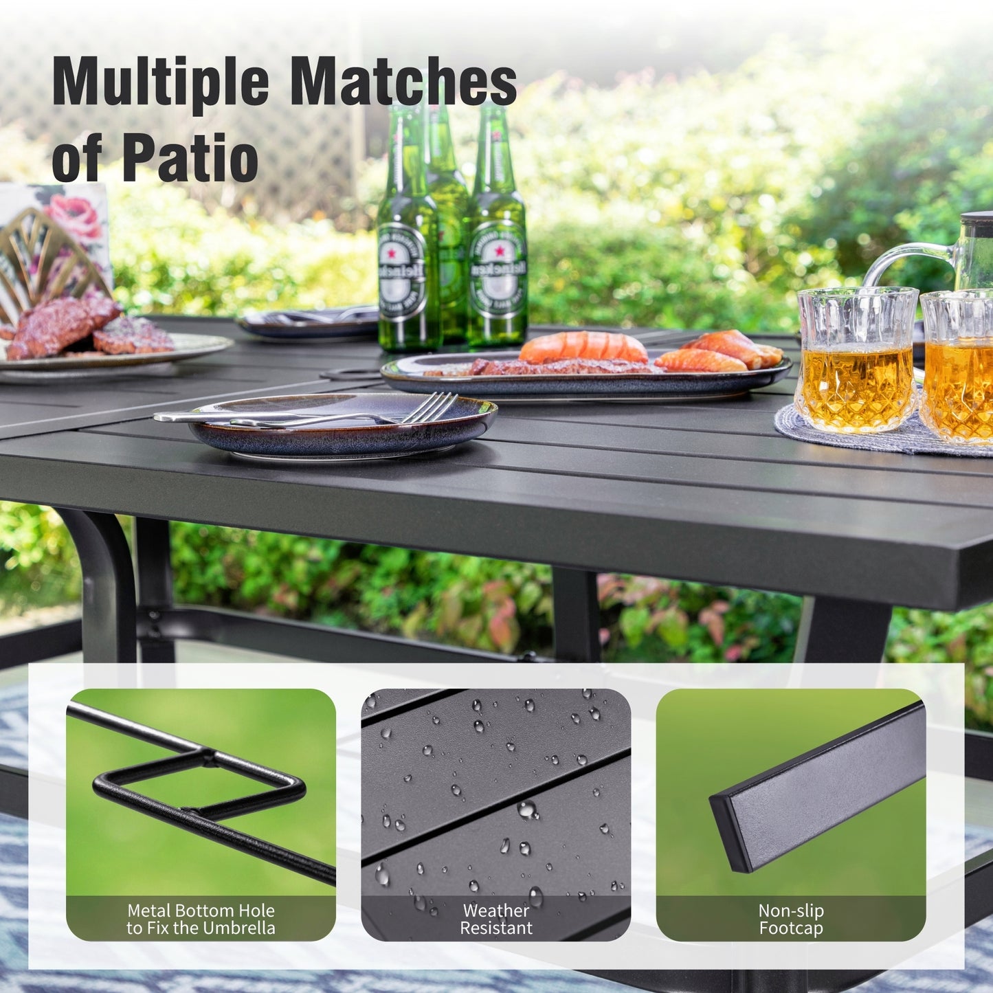 Captiva Designs 8pc Patio Slat-top Black Dining Table & Crescent Arm Rattan Chairs & Market Umbrella