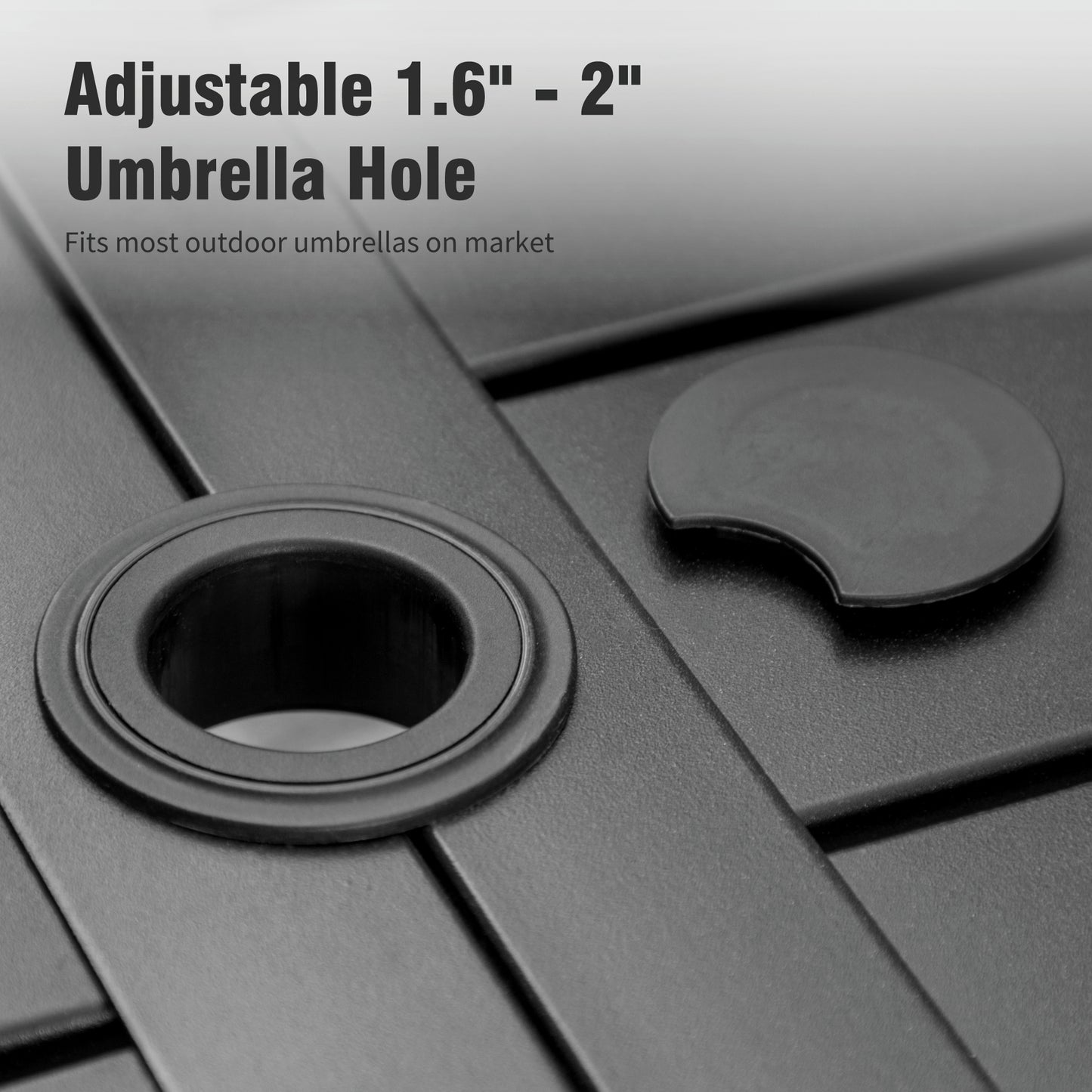 Captiva Designs 8pc Outdoor Slat-top Rectangular Steel Dining Table & Black Steel Chairs & Beige Umbrella