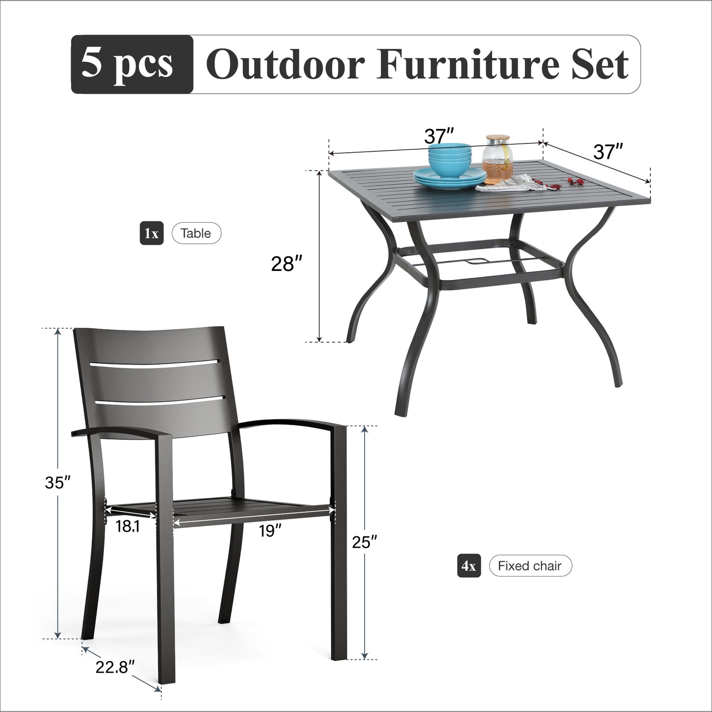 Captiva Designs 5pc Outdoor Patio Steel Dining Table & Metal Chairs with Stripe Back