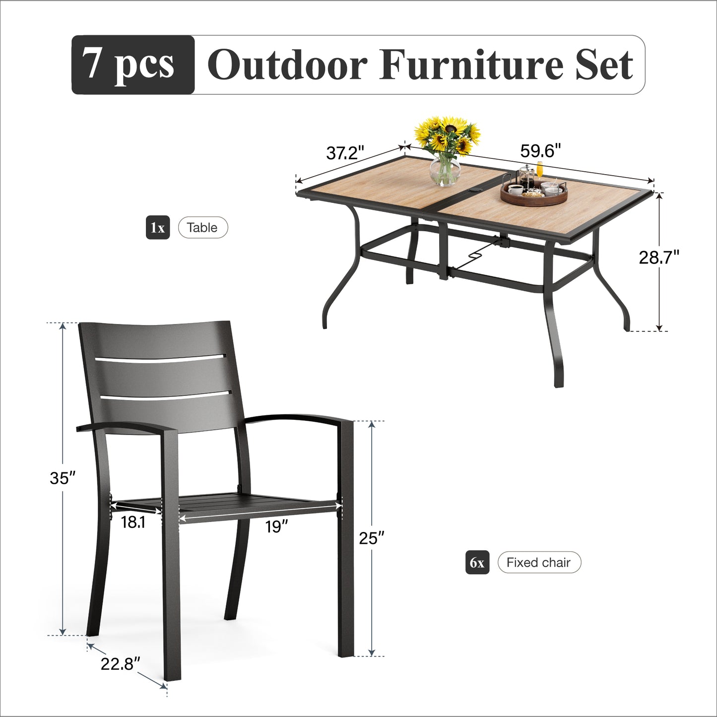 Captiva Designs 7pc Outdoor Patio Dining Set with Steel Table & Metal Chairs with Stripe Back