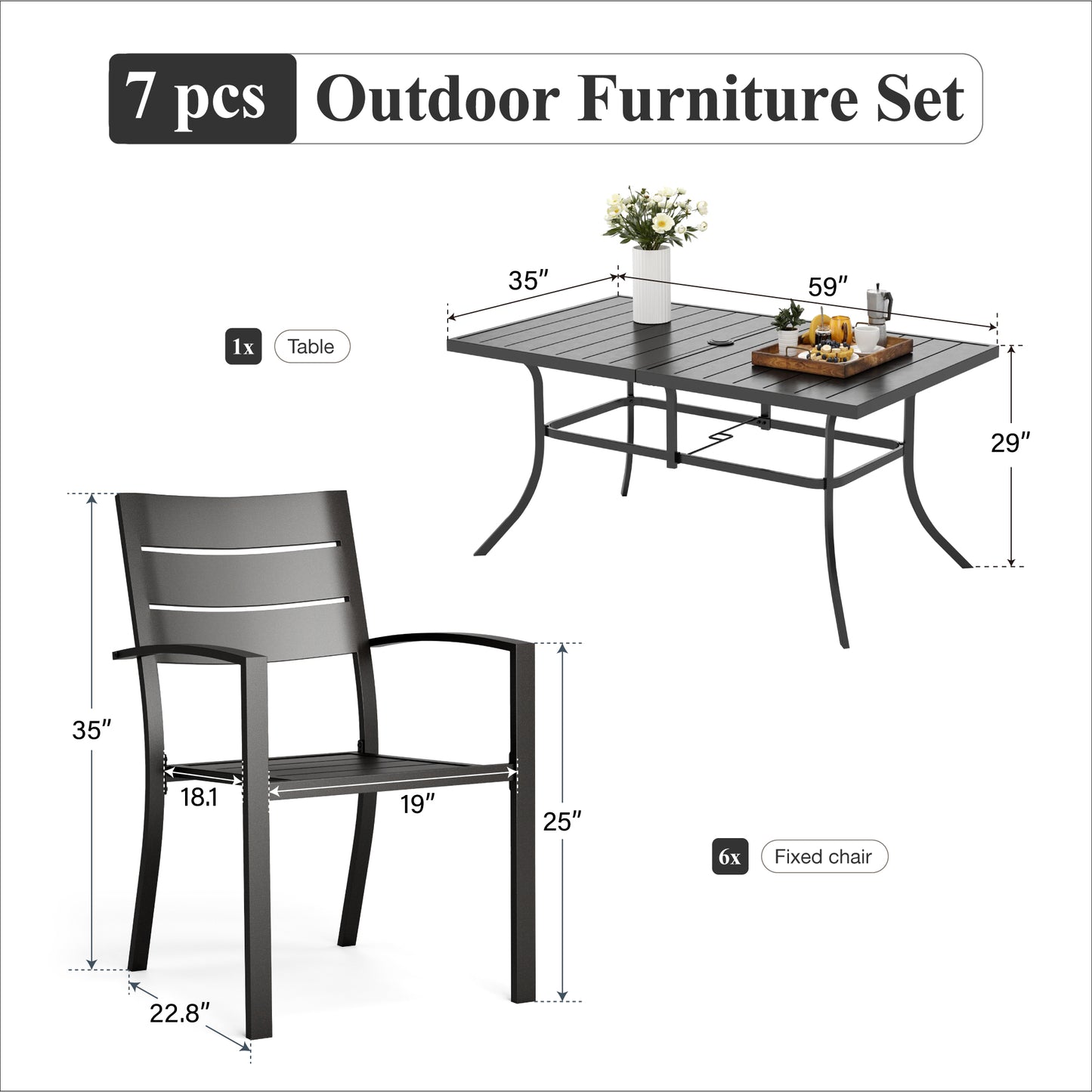 Captiva Designs 7pc Outdoor Patio Dining Set with Steel Table & Metal Chairs with Stripe Back