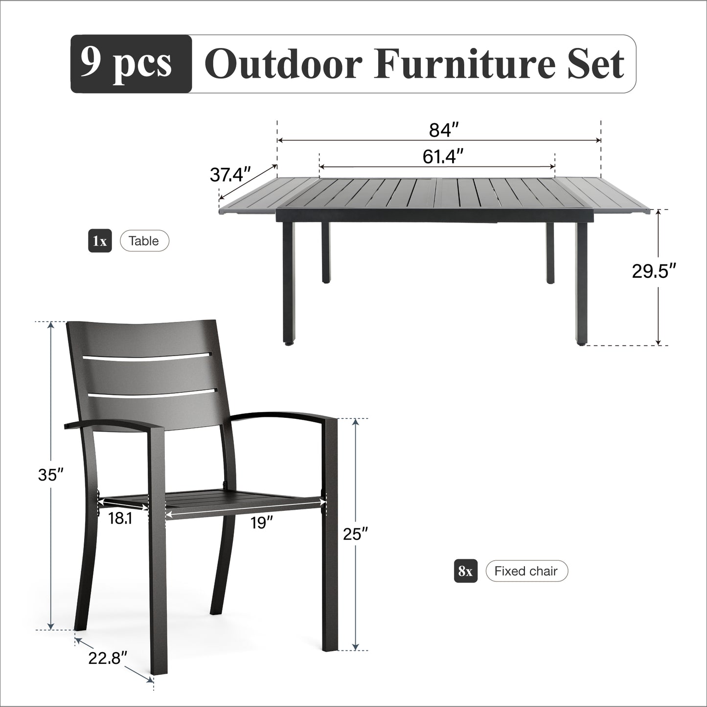 Captiva Designs 9pc Patio Slat-top Metal Dining Table & Metal Chairs with Stripe Back