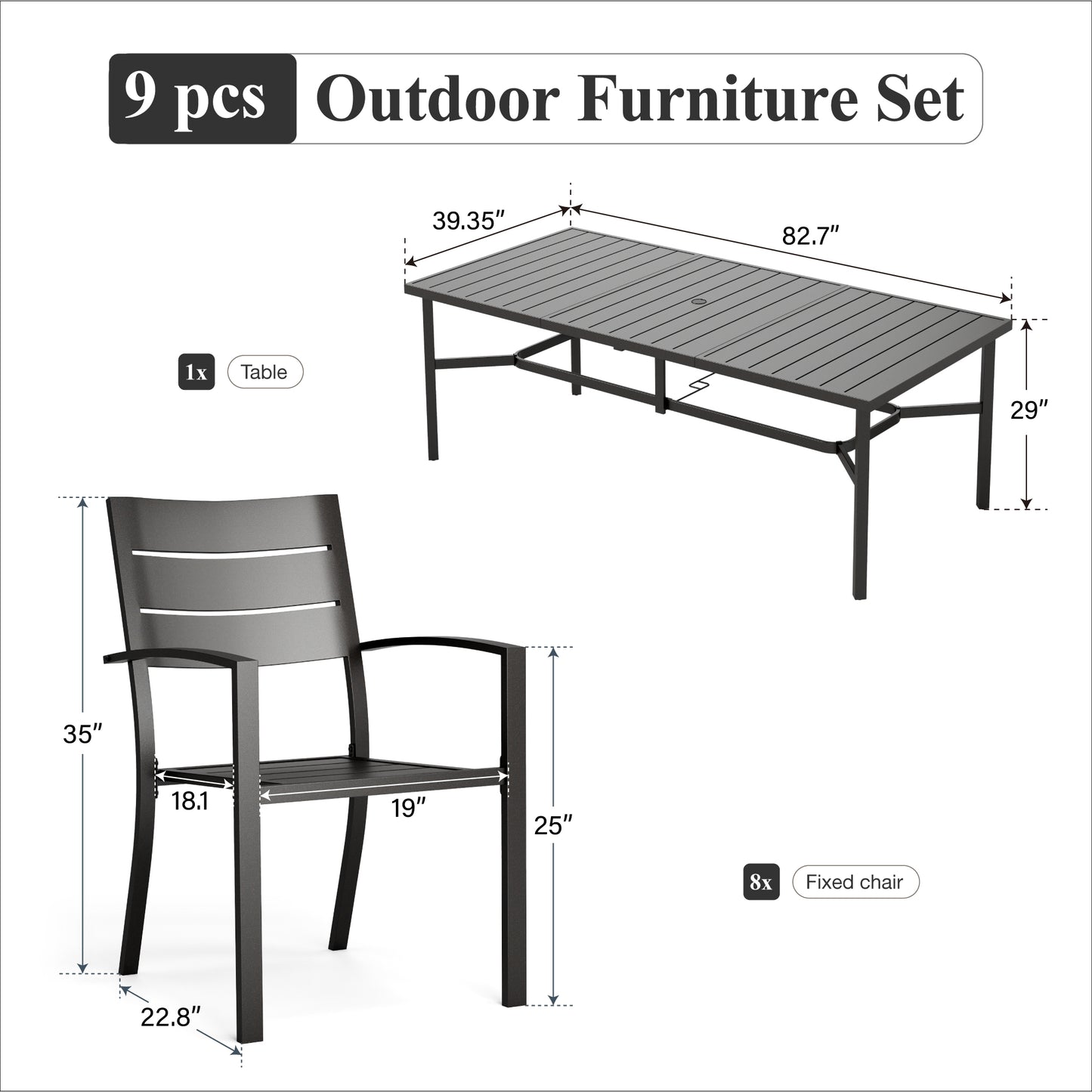 Captiva Designs 9pc Patio Slat-top Metal Dining Table & Metal Chairs with Stripe Back