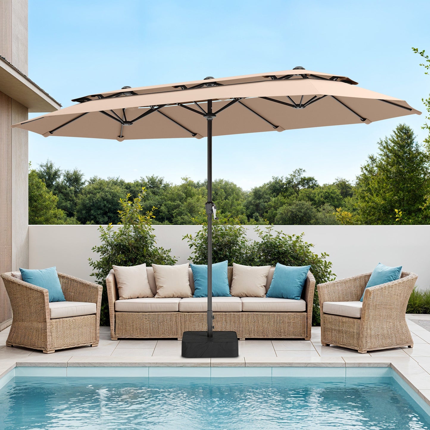 Captiva Designs 13ft 2-Tier Double-Sided Rectangular Patio Umbrella with Base, Fade-Resistant Polyester, Crank Lift, Outdoor Market Umbrella