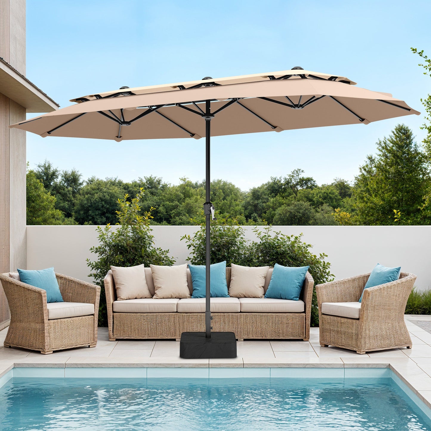 Captiva Designs 13ft 2-Tier Double-Sided Rectangular Patio Umbrella with Base, Fade-Resistant Polyester, Crank Lift, Outdoor Market Umbrella