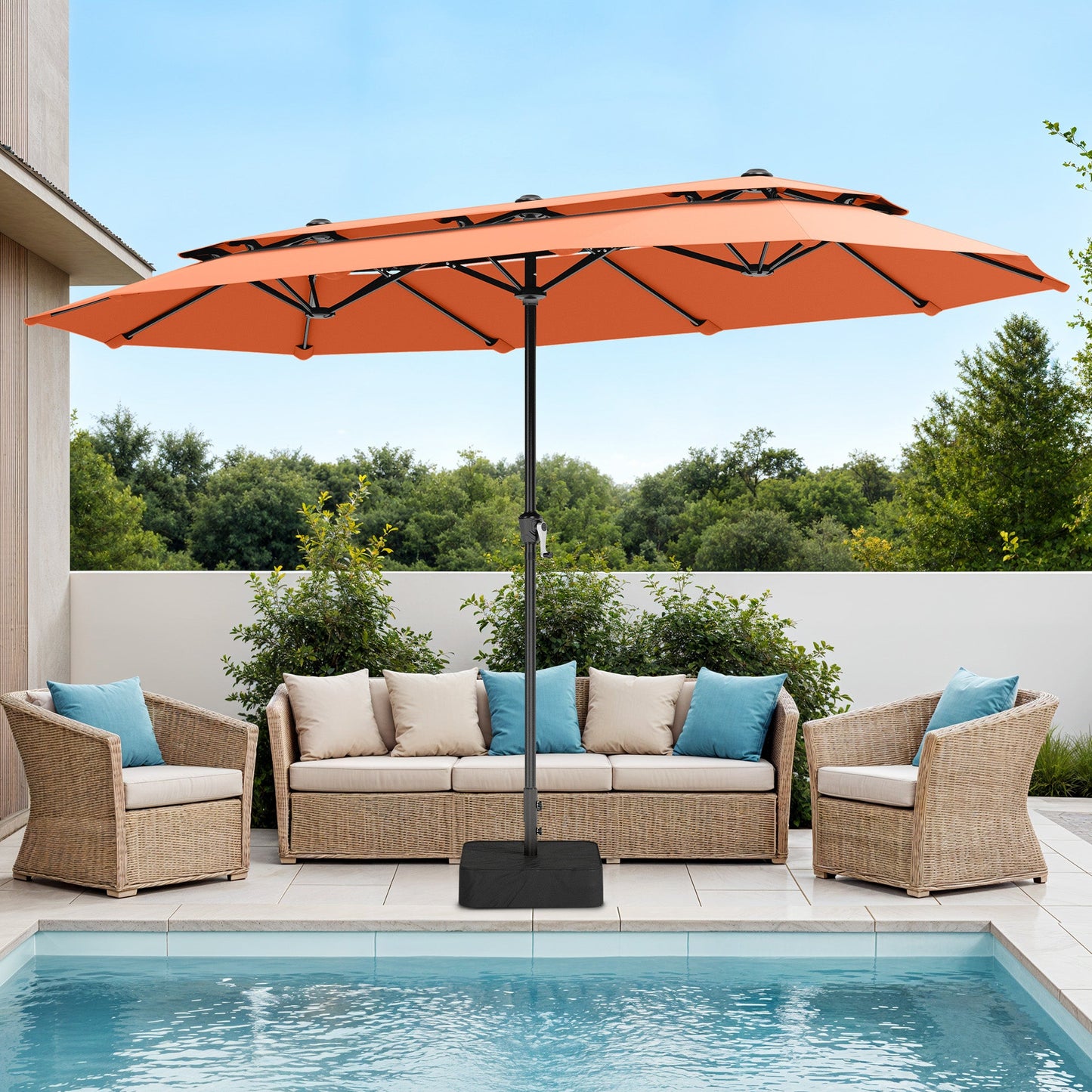 Captiva Designs 13ft 2-Tier Double-Sided Rectangular Patio Umbrella with Base, Fade-Resistant Polyester, Crank Lift, Outdoor Market Umbrella