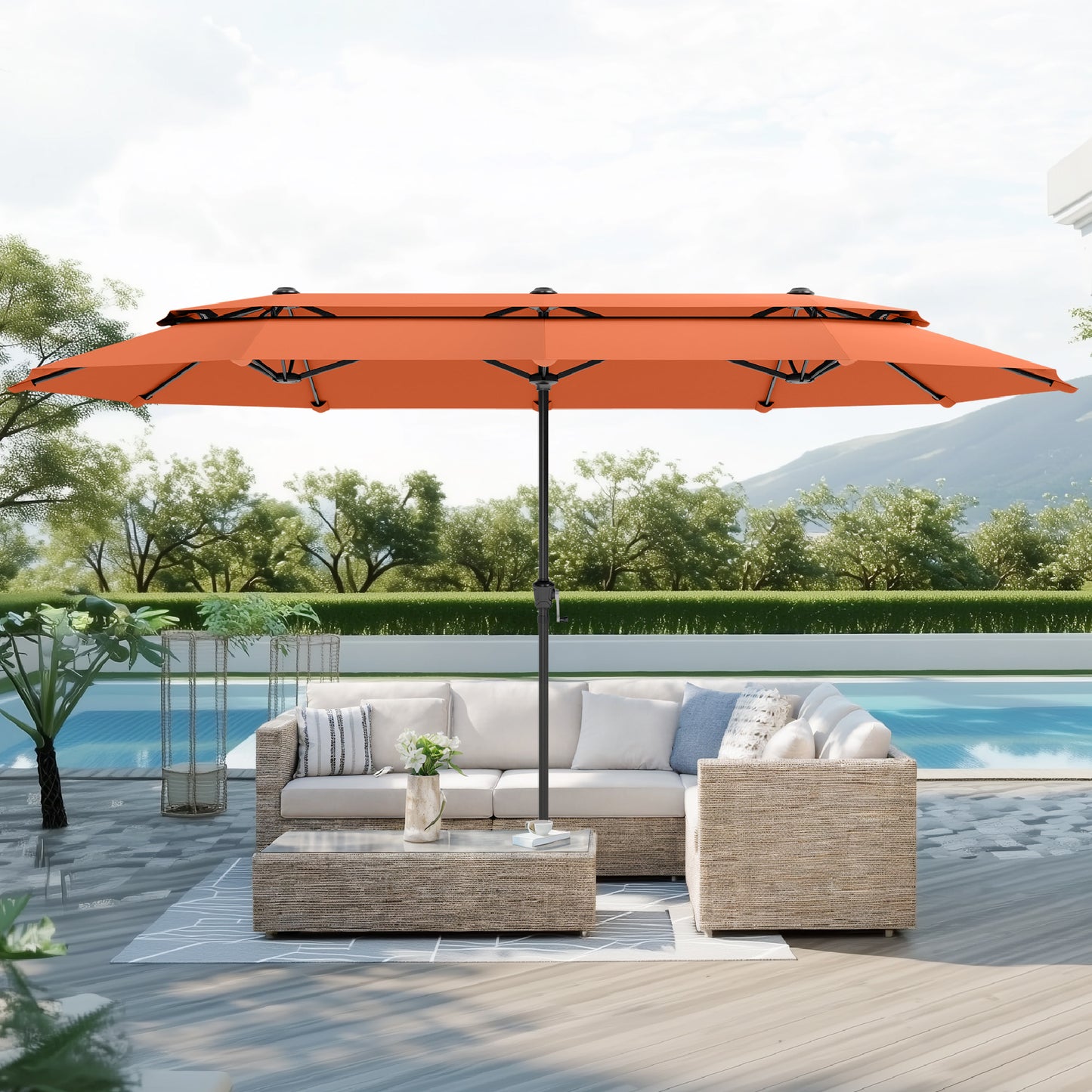 Captiva Designs 13ft 2-Tier Double-Sided Rectangular Patio Umbrella with Base, Fade-Resistant Polyester, Crank Lift, Outdoor Market Umbrella