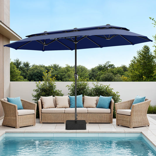 Captiva Designs 13ft 2-Tier Double-Sided Rectangular Patio Umbrella with Base, Fade-Resistant Polyester, Crank Lift, Outdoor Market Umbrella