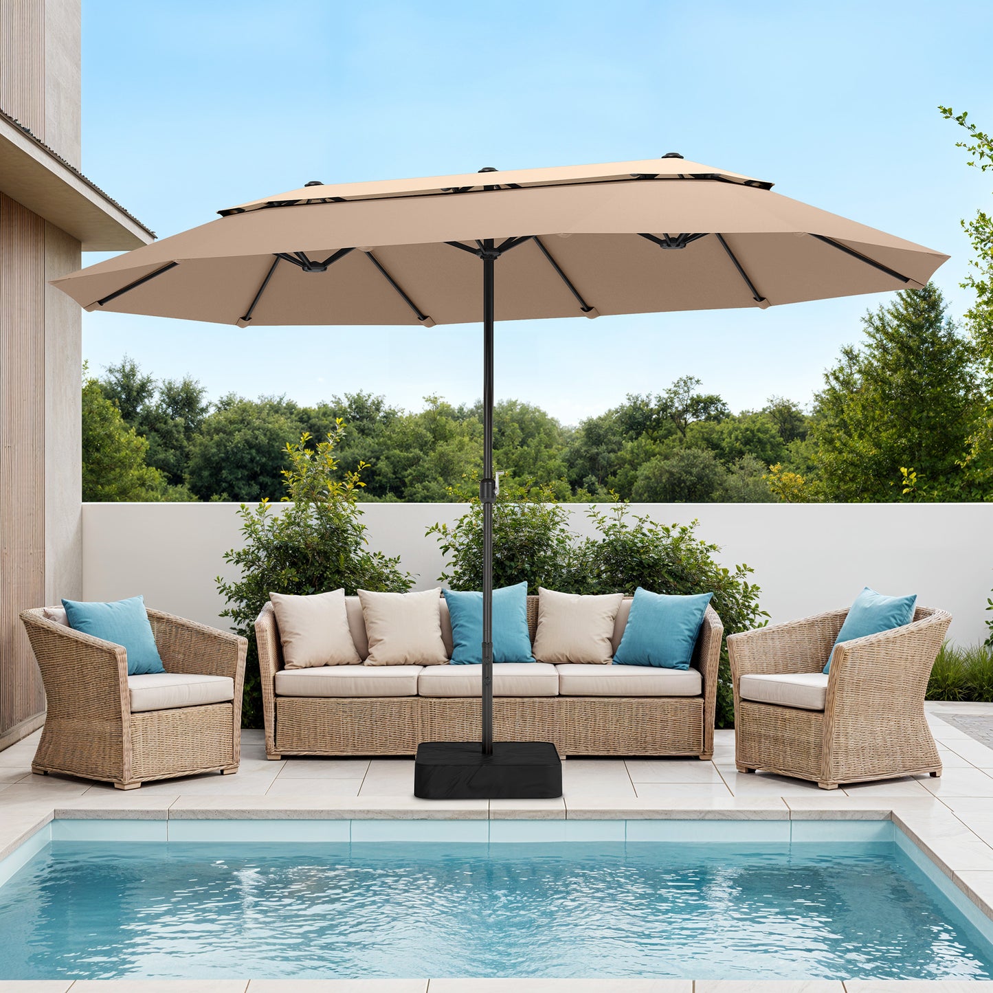 Captiva Designs 15ft Double-Sided Patio Umbrella with Base, Large Rectangular Outdoor Market Umbrella