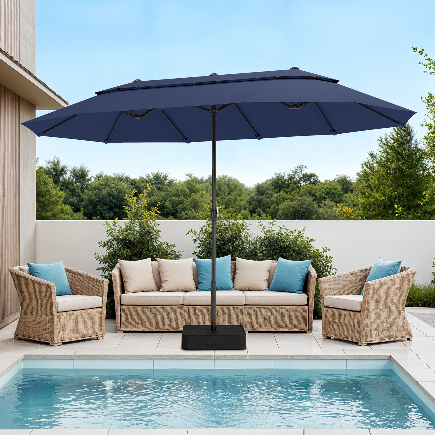 Captiva Designs 15ft Double-Sided Patio Umbrella with Base, Large Rectangular Outdoor Market Umbrella