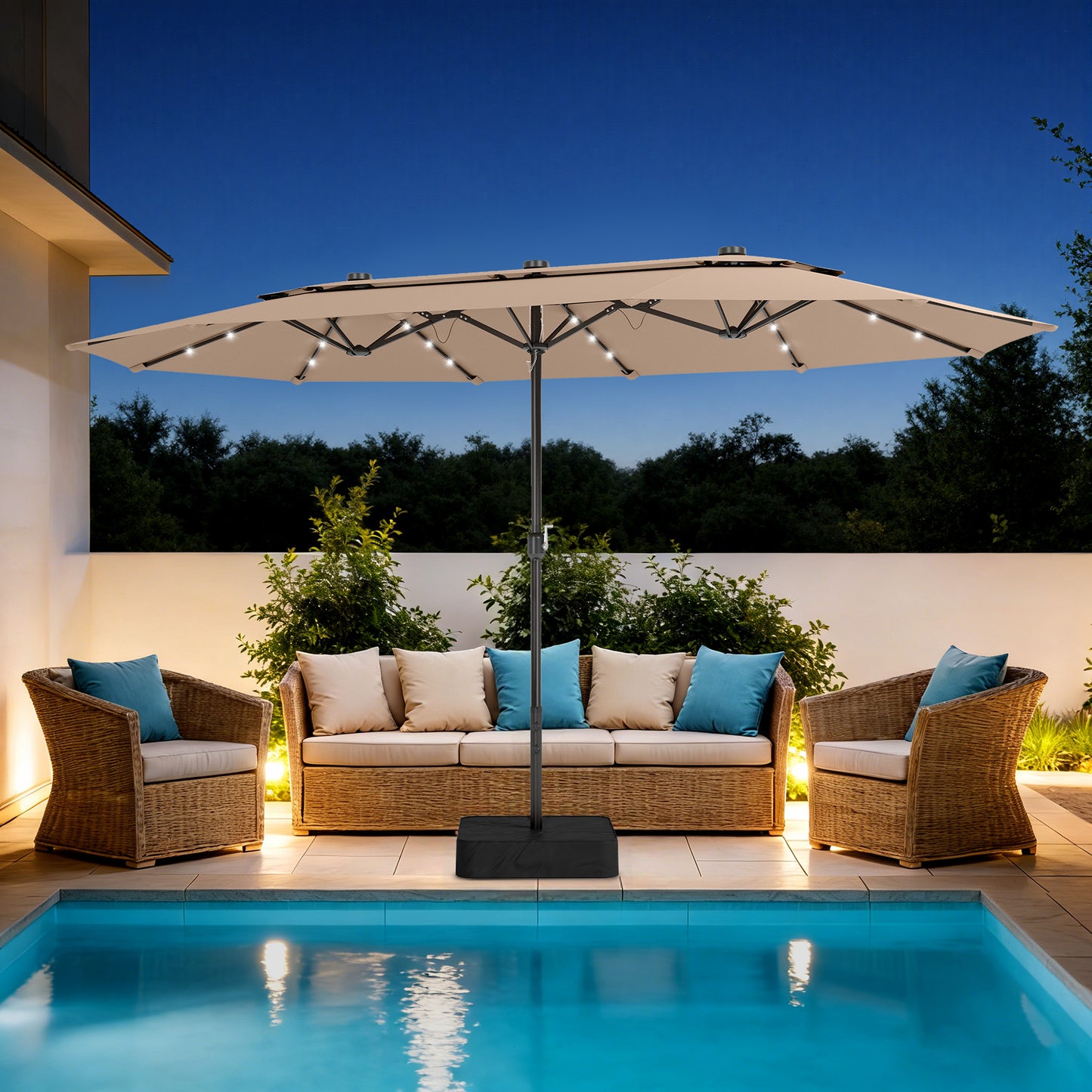 Captiva Designs 15ft Double-Sided Patio Umbrella with Base, Rectangular Outdoor Umbrella for Garden & Backyard