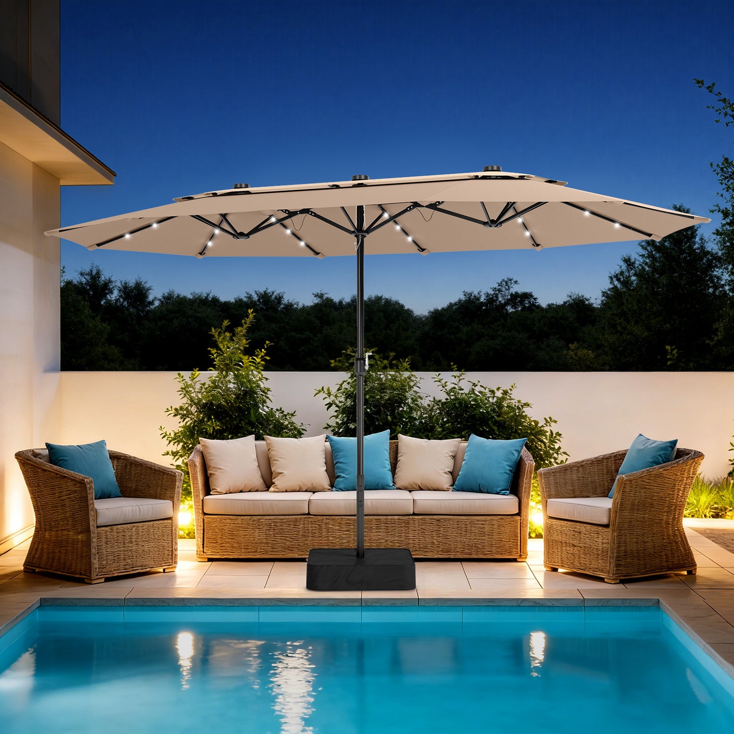 Captiva Designs 15ft Double-Sided Patio Umbrella with Base, Rectangular Outdoor Umbrella for Garden & Backyard