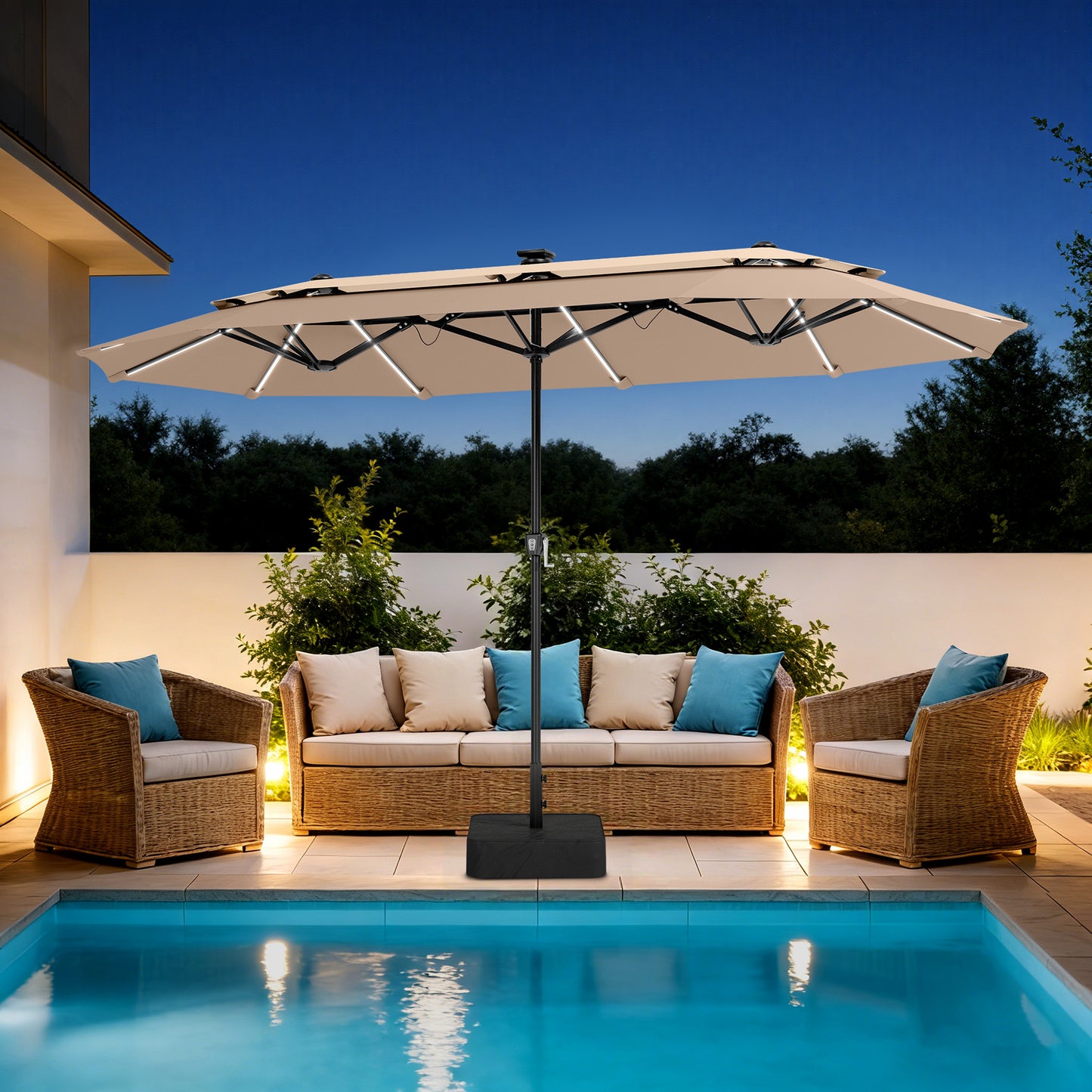 Captiva Designs 13ft Double-Sided Patio Umbrella with Base, Solar Color-Changing LED Lights, 2-Tier Rectangular Outdoor Umbrella