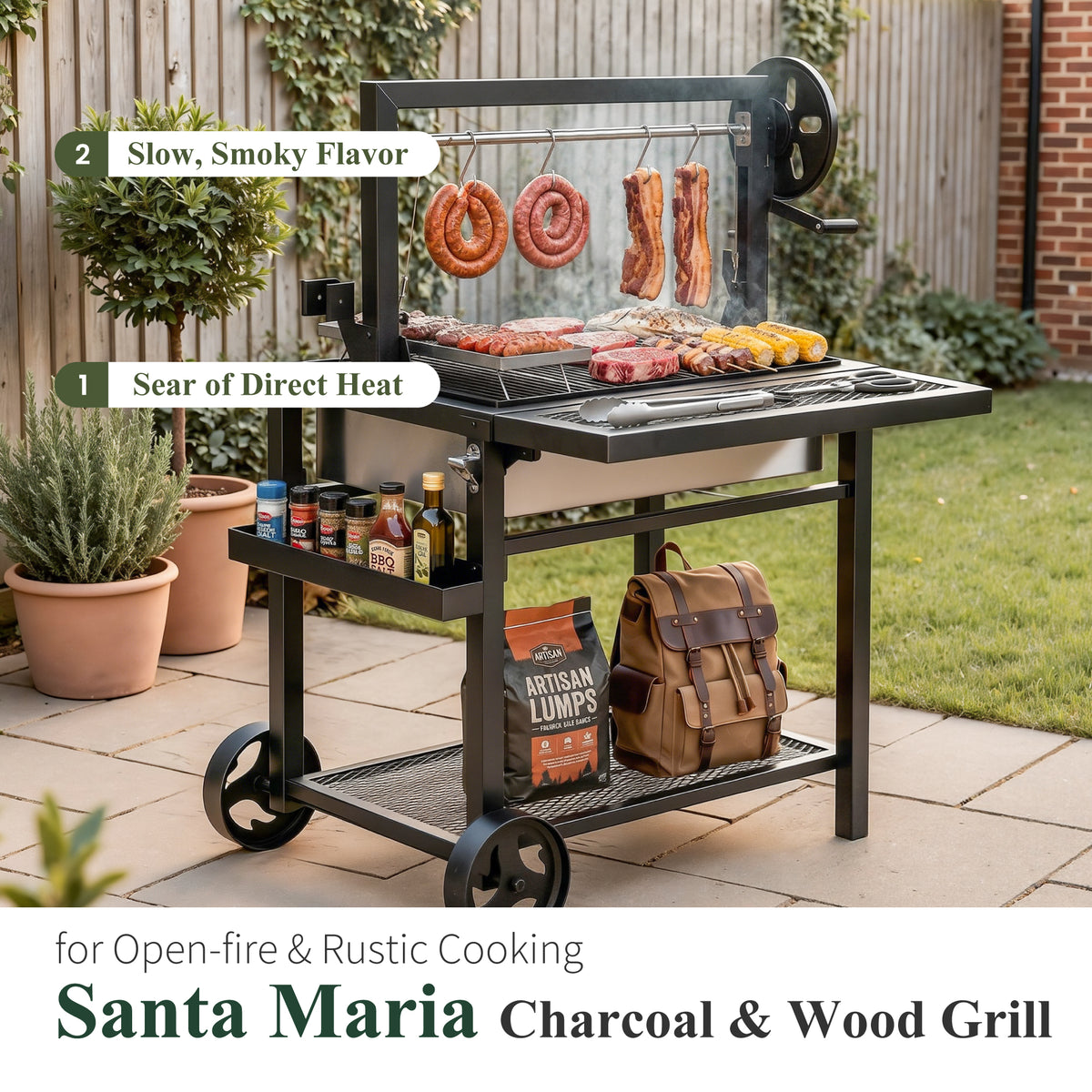 Garden GROTTO Santa Maria Dual Fuel Charcoal & Wood Grill with Height Adjustable Grate and Foldable Side Table