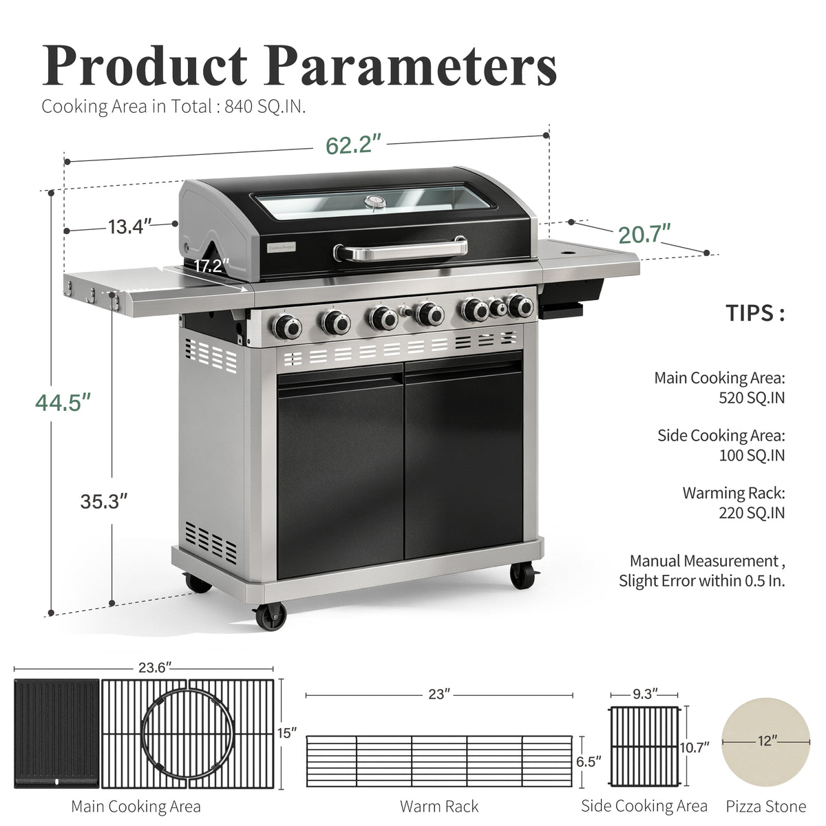 Garden GROTTO 3-in-1 Propane Gas Grill, 6- Burner BBQ with Full-view Window & Infrared Side Burner, 13500 BTU