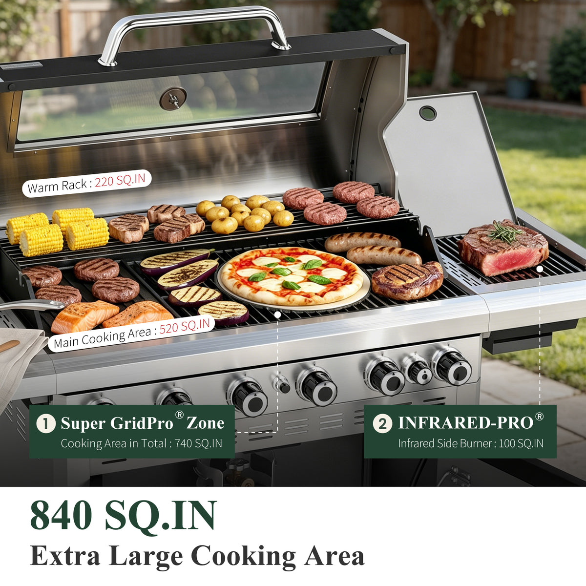 Garden GROTTO 3-in-1 Propane Gas Grill, 6- Burner BBQ with Full-view Window & Infrared Side Burner, 13500 BTU
