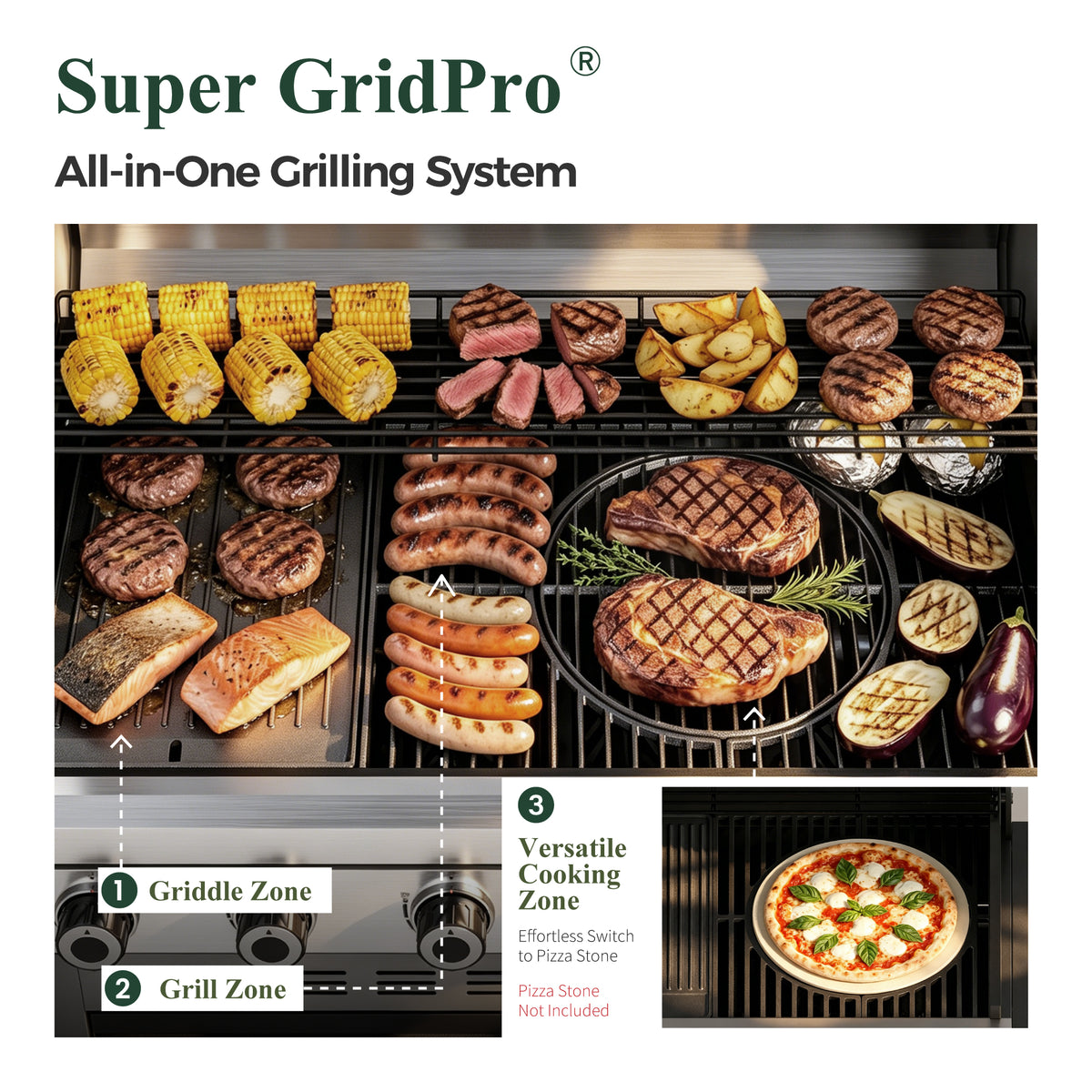 Garden GROTTO 3-in-1 Propane Gas Grill, 6- Burner BBQ with Full-view Window & Infrared Side Burner, 13500 BTU