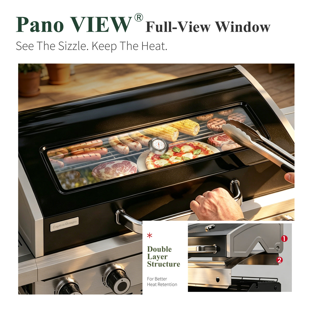 Garden GROTTO 3-in-1 Propane Gas Grill, 6- Burner BBQ with Full-view Window & Infrared Side Burner, 13500 BTU