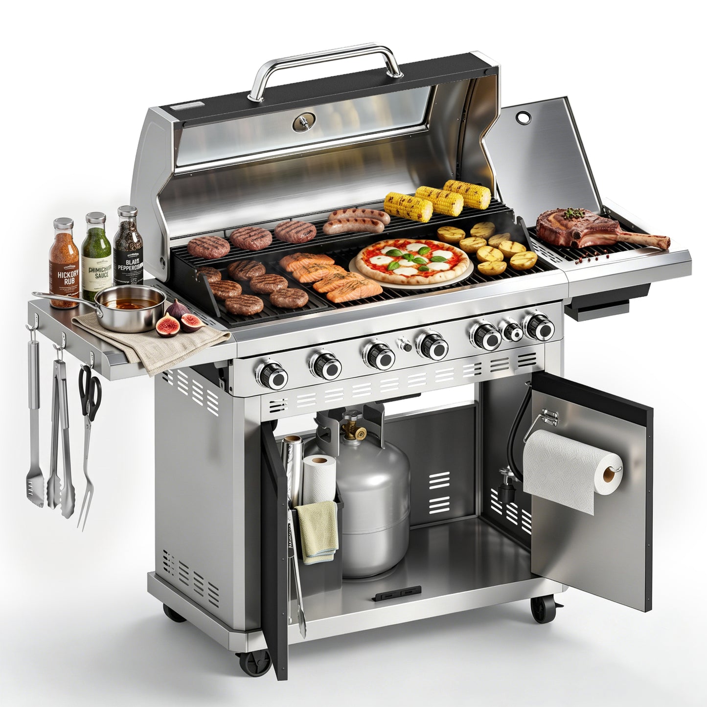 Garden GROTTO 3-in-1 Propane Gas Grill, 6- Burner BBQ with Full-view Window & Infrared Side Burner, 13500 BTU, 840 SQ IN. Cooking Area