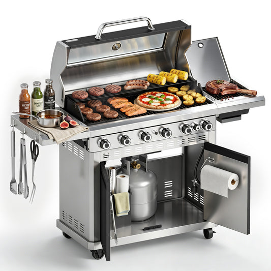Garden GROTTO 3-in-1 Propane Gas Grill, 6- Burner BBQ with Full-view Window & Infrared Side Burner, 13500 BTU, 840 SQ IN. Cooking Area