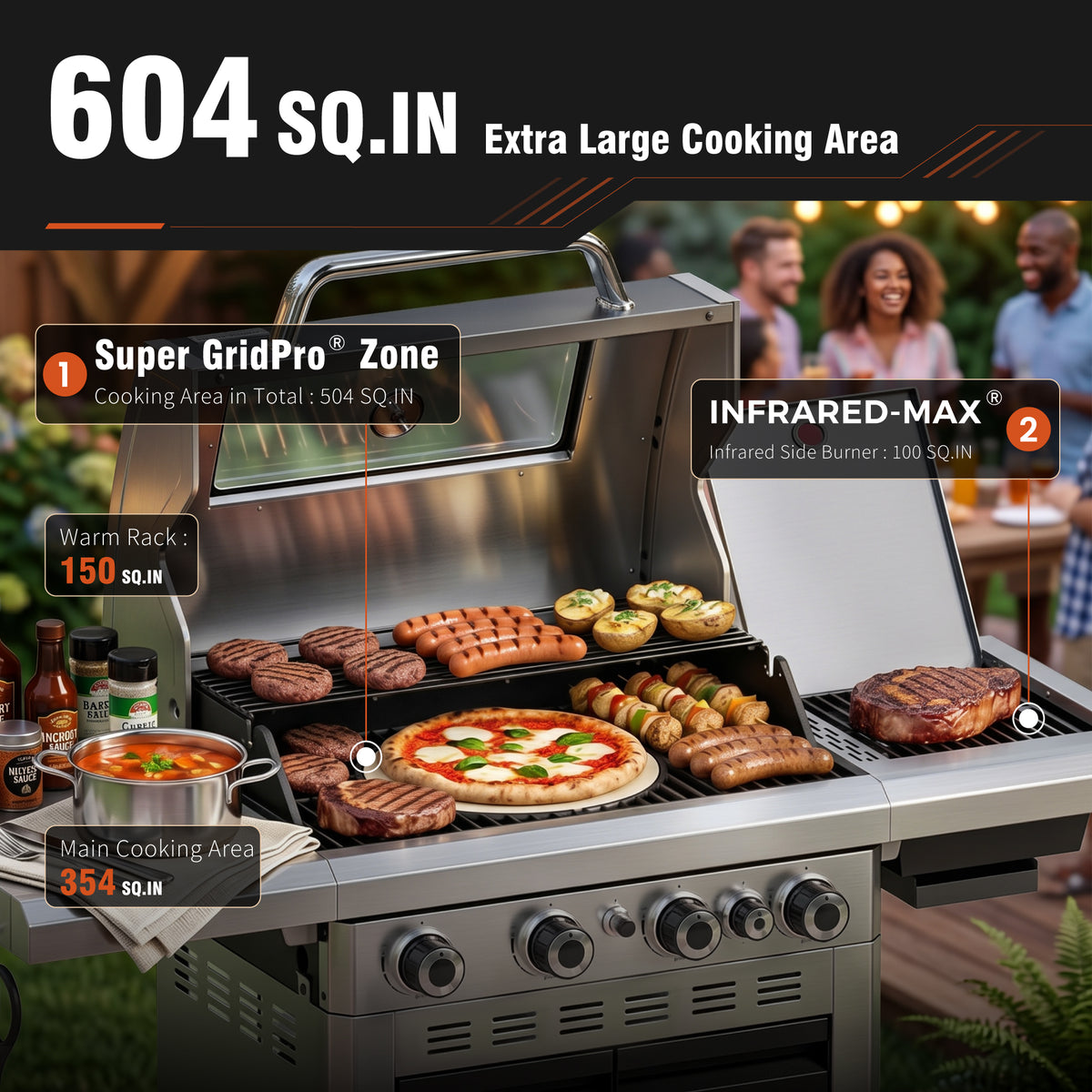 Garden GROTTO 3-in-1 Propane Gas Grill, 4-Burner BBQ with Full-view Window & Infrared Side Burner, 13500 BTU