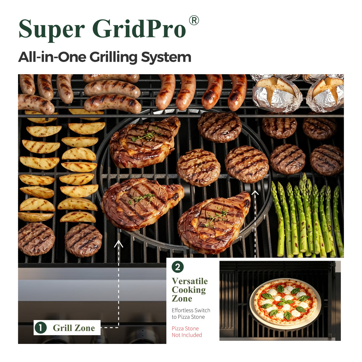 Garden GROTTO 3-in-1 Propane Gas Grill, 4-Burner BBQ with Full-view Window & Infrared Side Burner, 13500 BTU