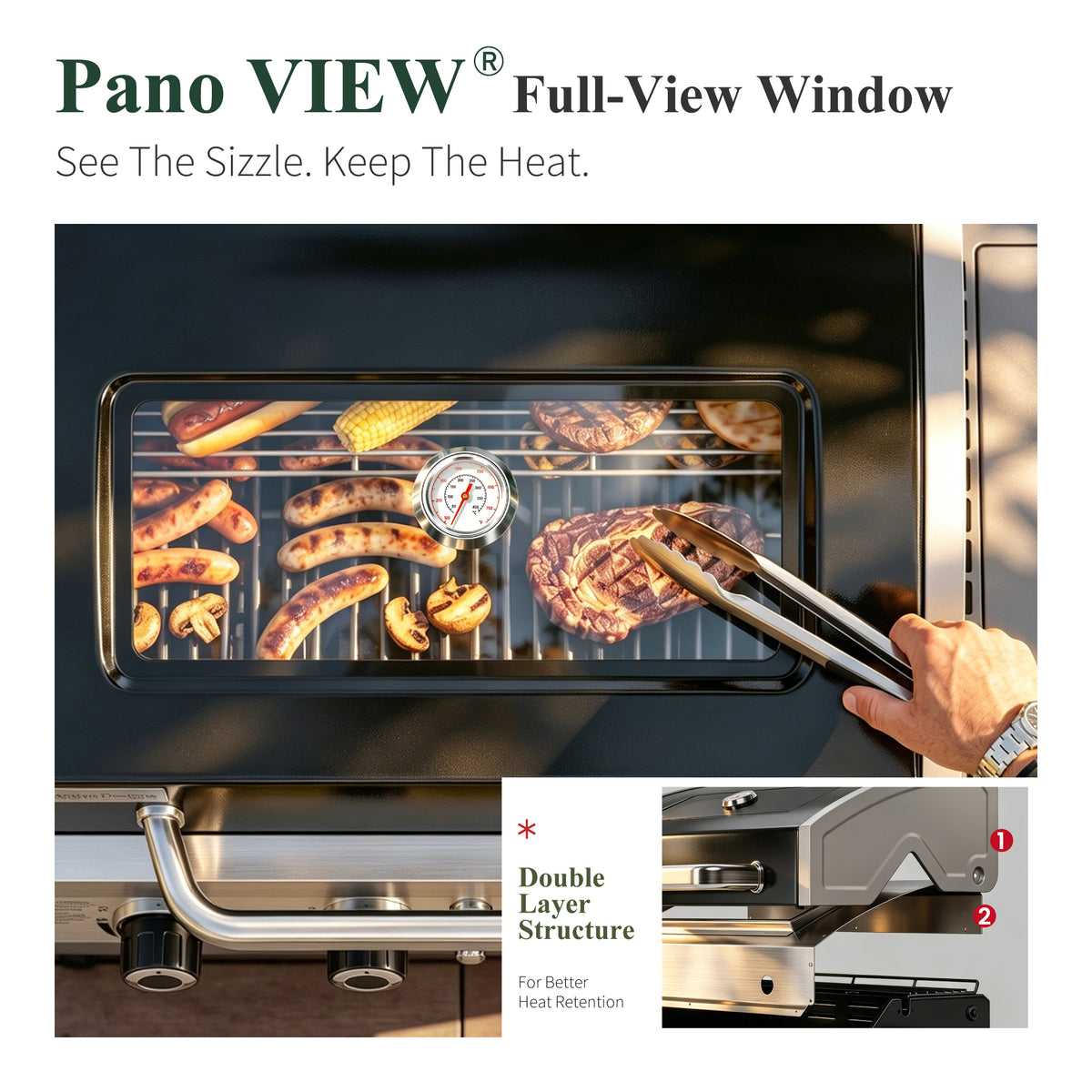 Garden GROTTO 3-in-1 Propane Gas Grill, 4-Burner BBQ with Full-view Window & Infrared Side Burner, 13500 BTU