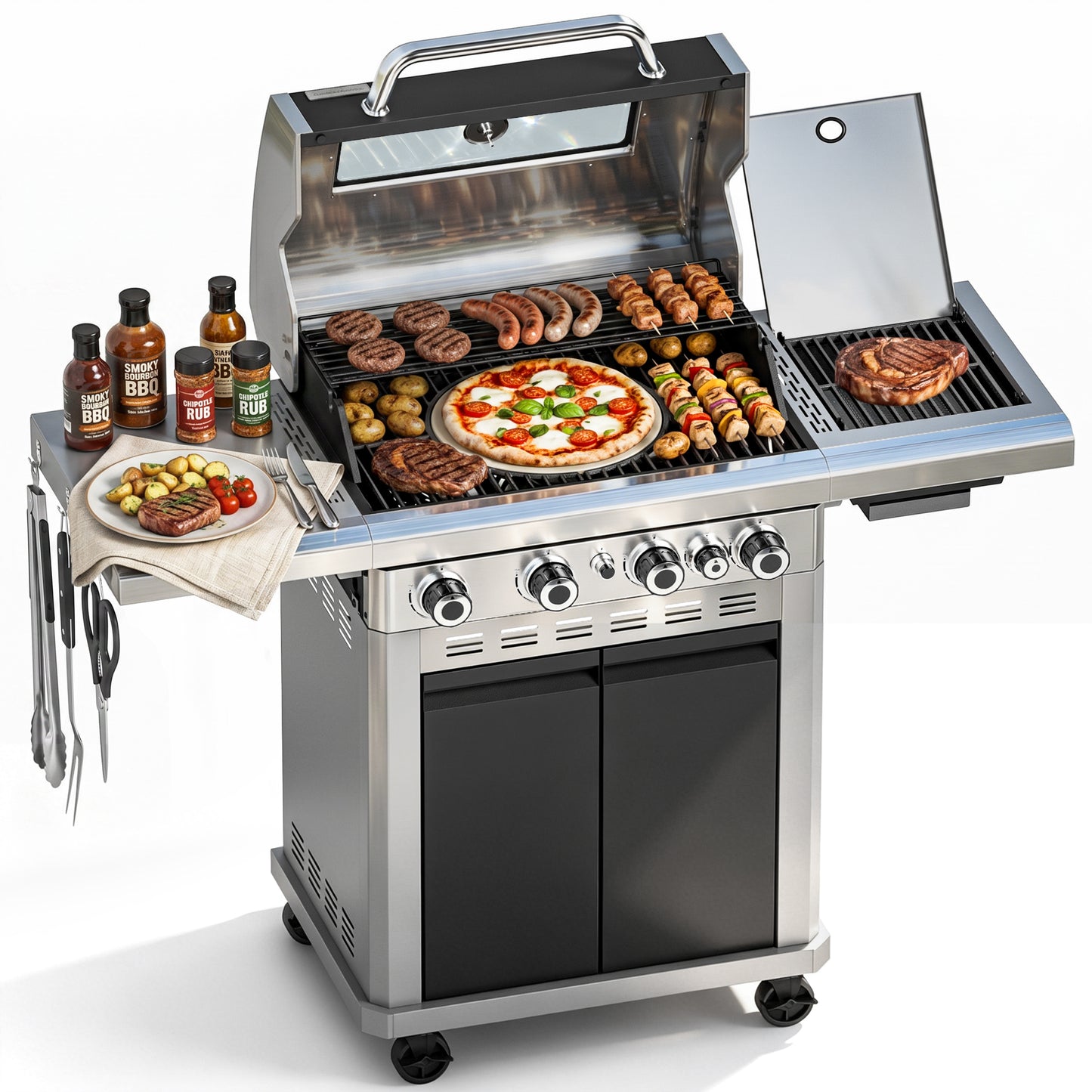 Garden GROTTO 3-in-1 Propane Gas Grill, 4-Burner BBQ with Full-view Window & Infrared Side Burner, 13500 BTU, 604 SQ IN. Cooking Area