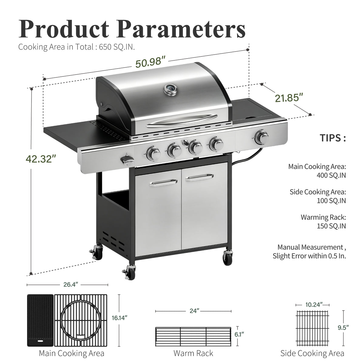 Garden GROTTO Propane Gas Grill, 4-Burner BBQ with Infrared Side Burner