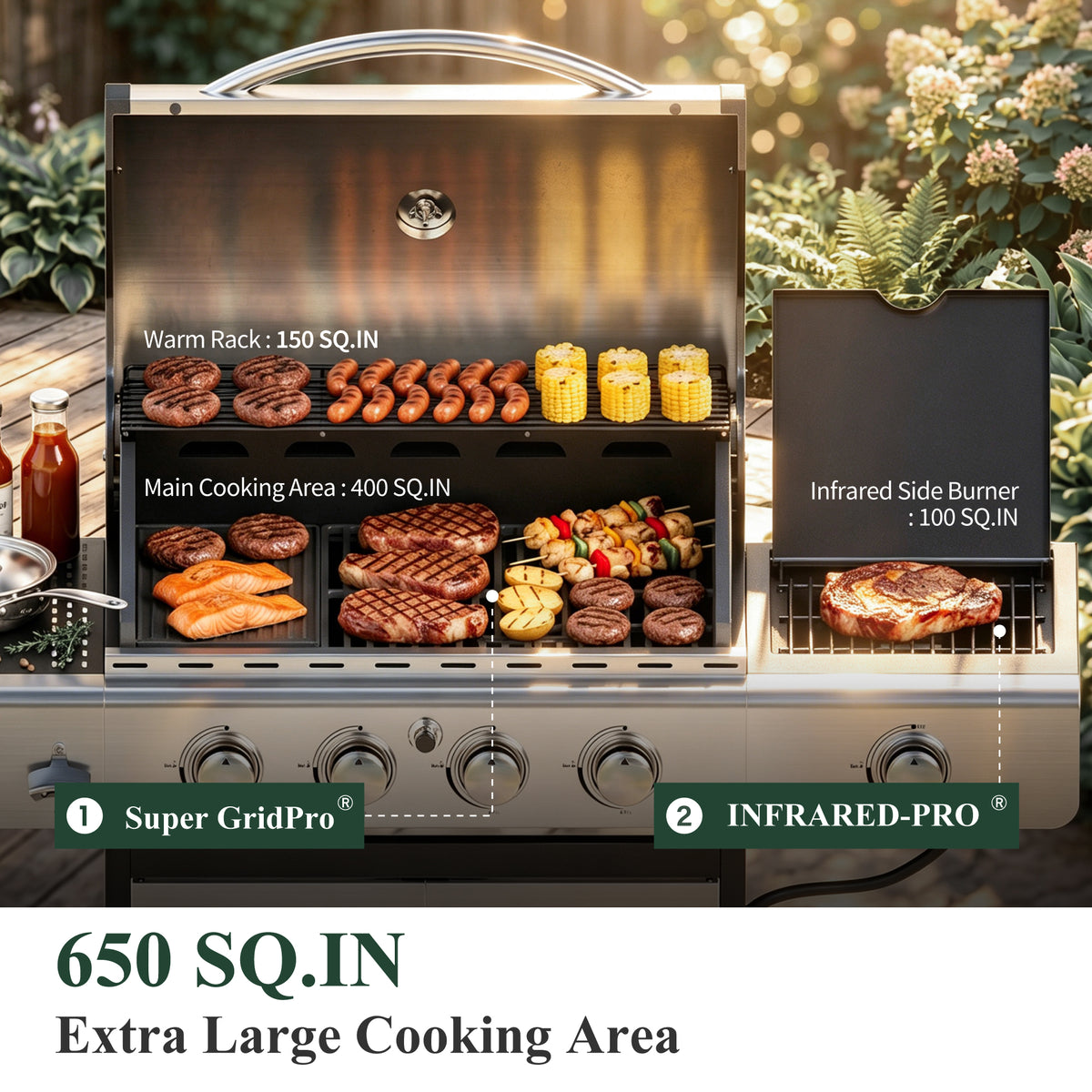 Garden GROTTO Propane Gas Grill, 4-Burner BBQ with Infrared Side Burner
