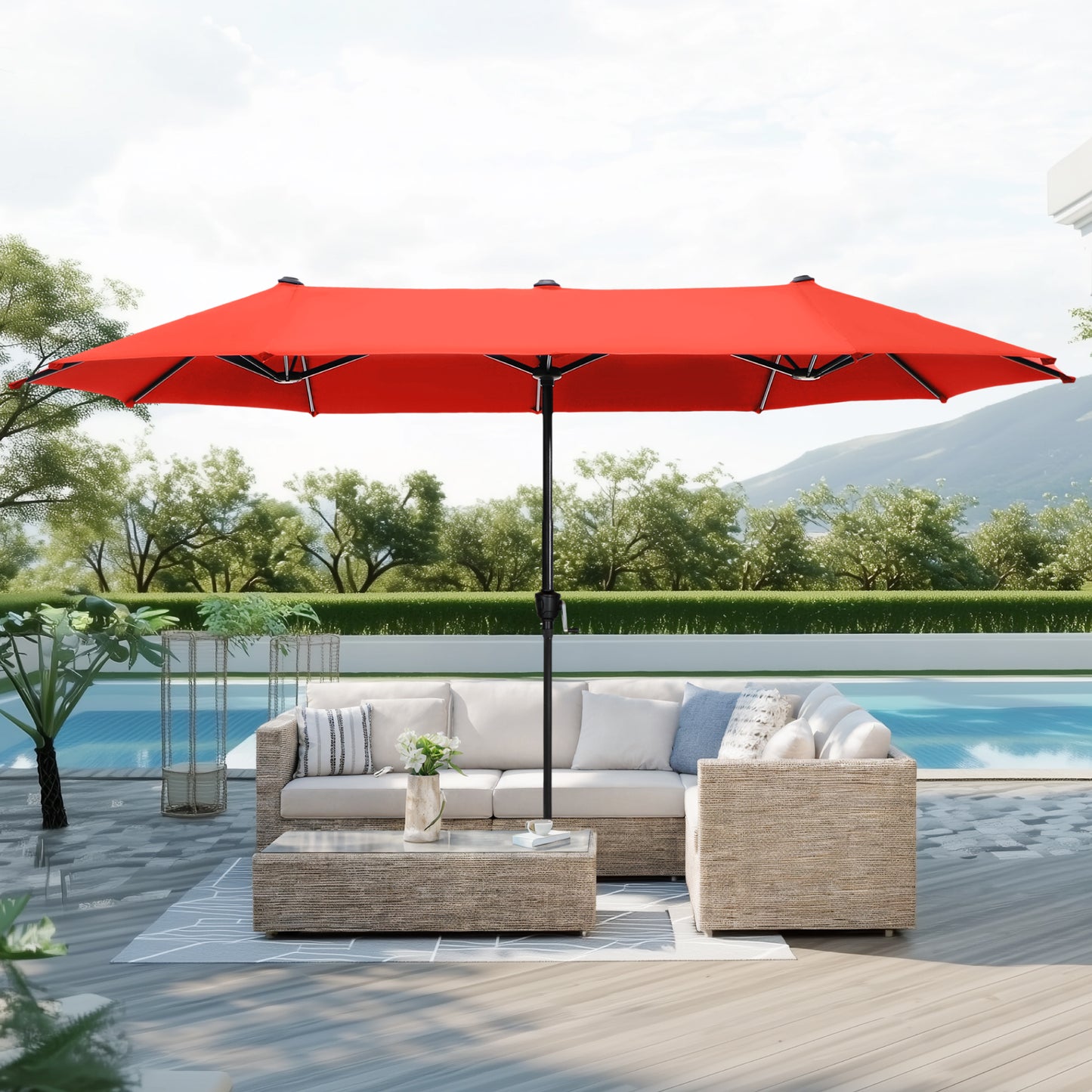 Captiva Designs 8pc Patio Dining Black Rectangular Table & Stylish Metal Chairs & Market Umbrella