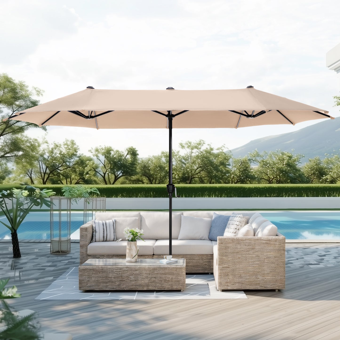 Captiva Designs 8pc Patio Dining Black Rectangular Table & Stylish Metal Chairs & Market Umbrella