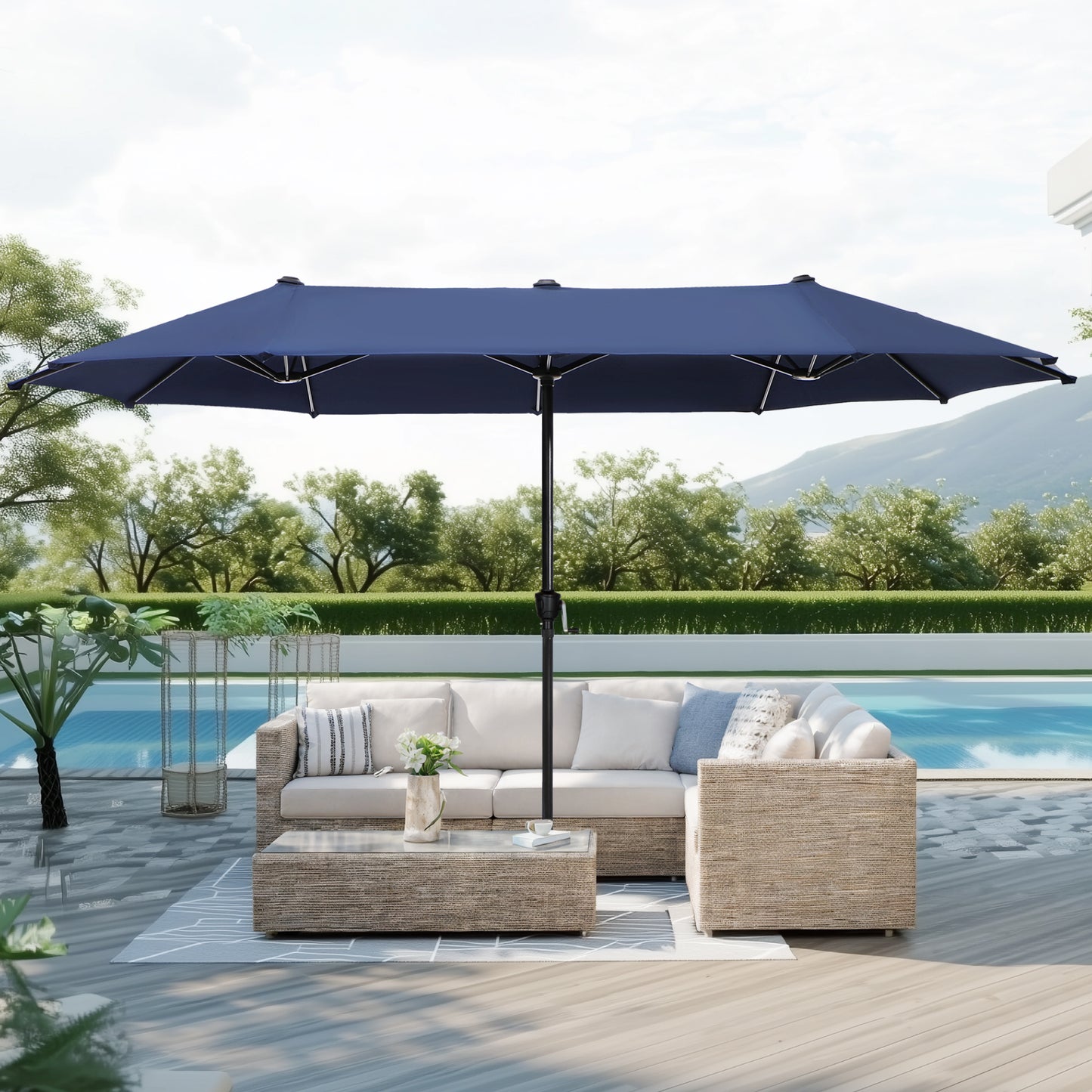Captiva Designs 8pc Patio Dining Black Rectangular Table & Stylish Metal Chairs & Market Umbrella