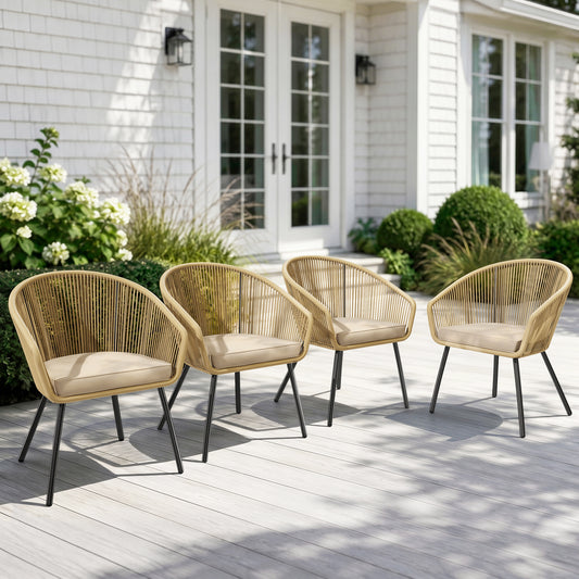 Captiva Designs 4pc Outdoor Patio Woven Pull Cord Back Dining Chairs with Seat Cushion