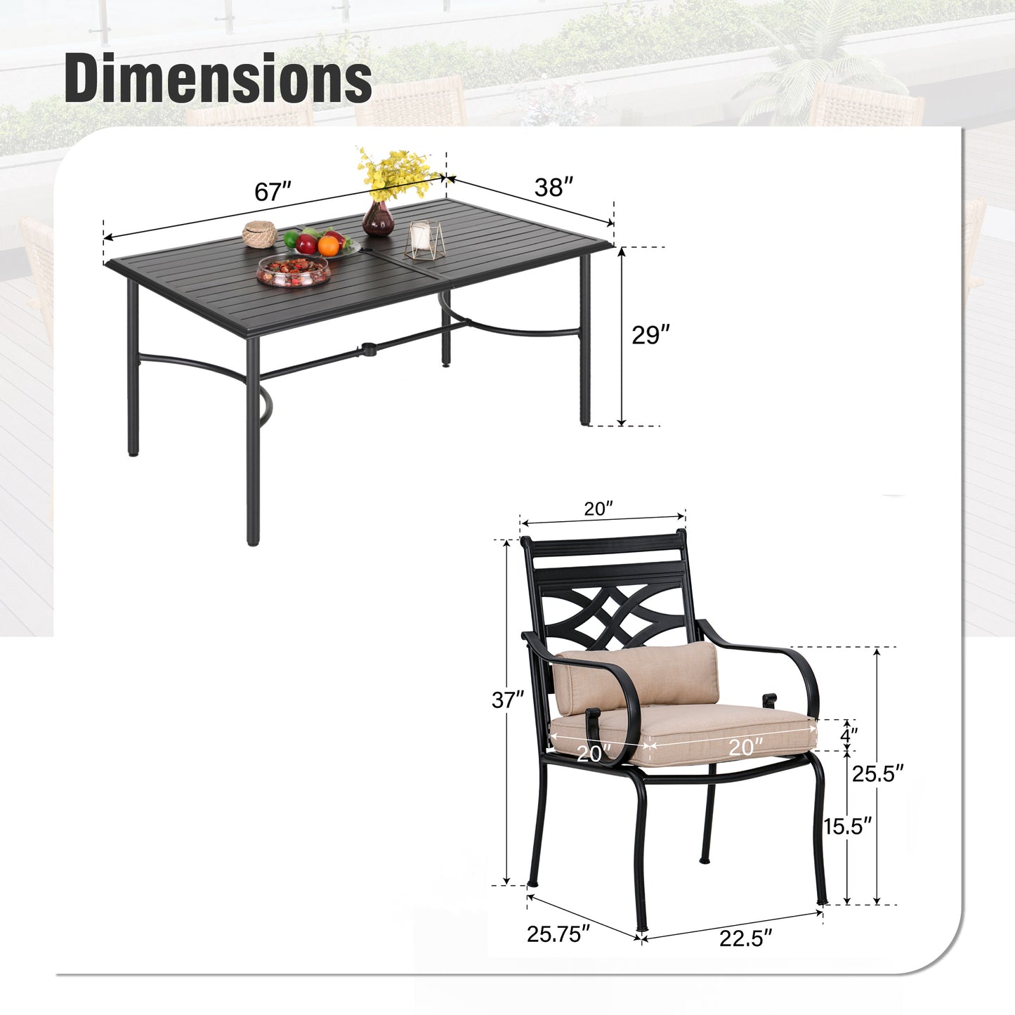 Captiva Designs 7pc Patio Slatted Top Steel Dining Table & Metal Chairs with Seat Cushions and Waist Pillows