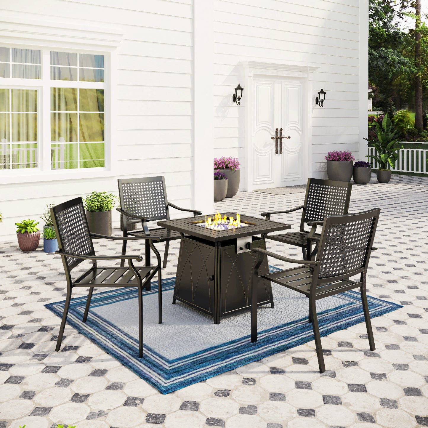 Captiva Designs 5pc Outdoor Patio Dining Set with Square Steel Table & Metal Armrest Chairs